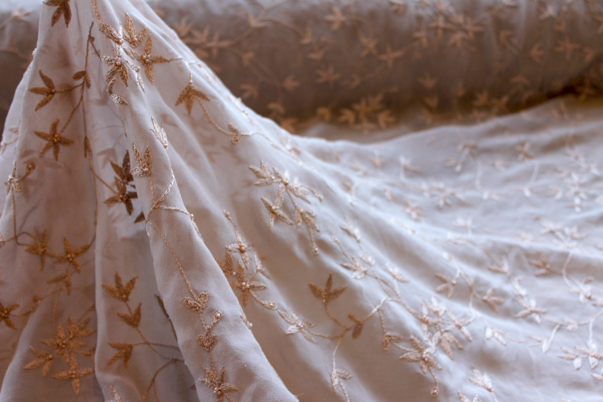 Nude Floral Embroidered Silk Chiffon with Pearls fabric, image 9 of 9