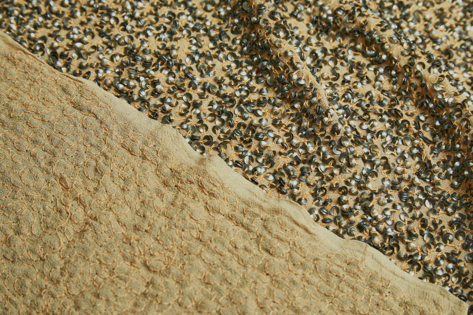 Sequin Encrusted Silk Chiffon - Tarnished Silver Ochre fabric, image 6 of 7