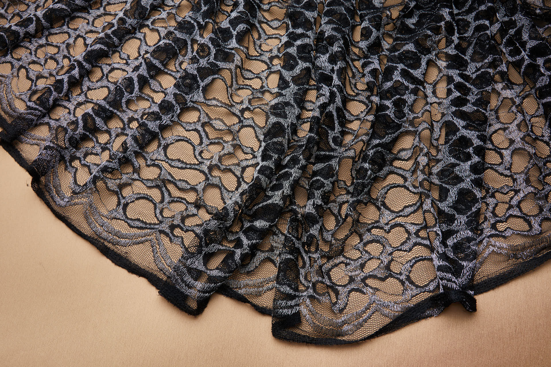 Organic Pattern Stretch Silver and Black Lace fabric, image 2 of 10