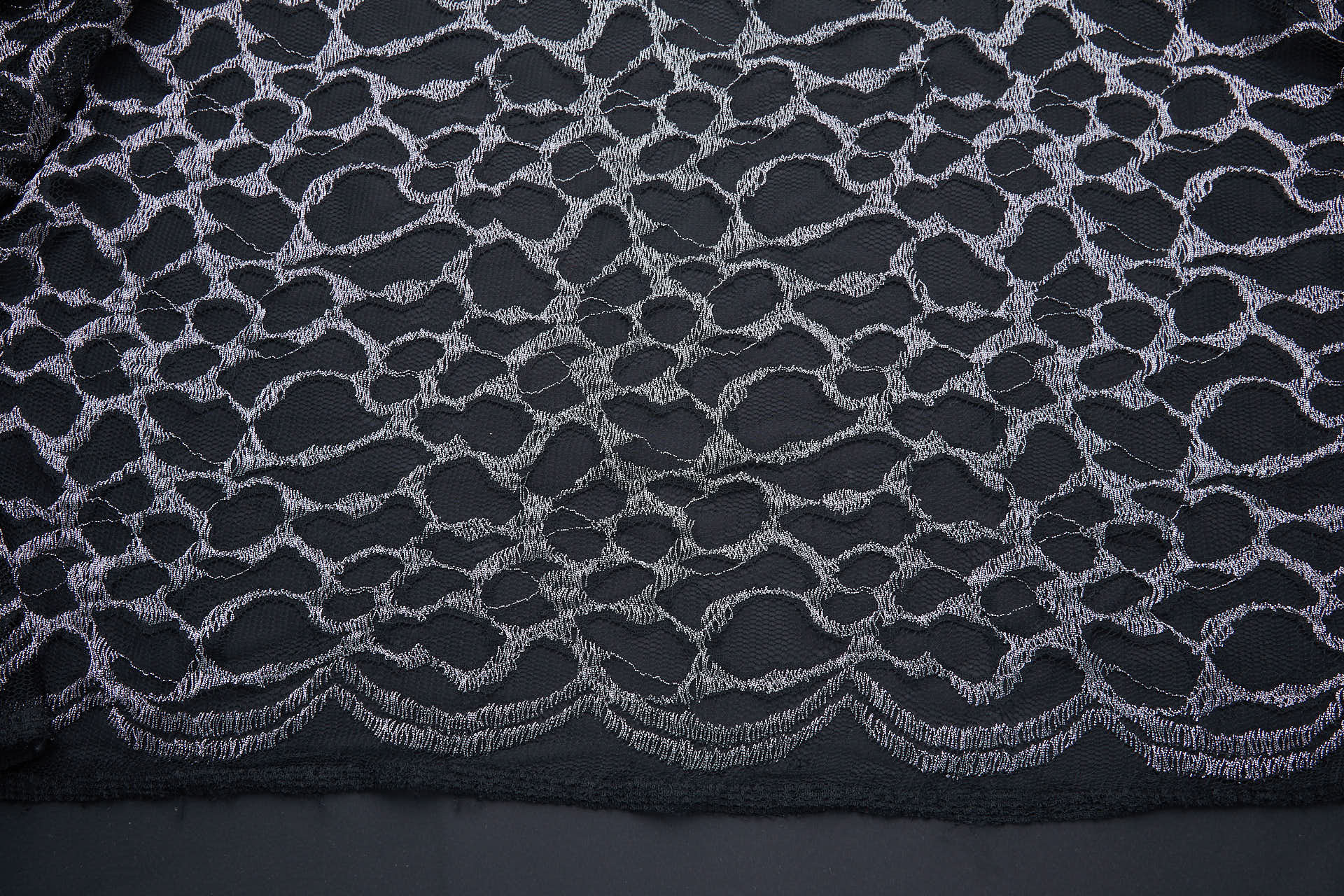 Organic Pattern Stretch Silver and Black Lace fabric, image 3 of 10