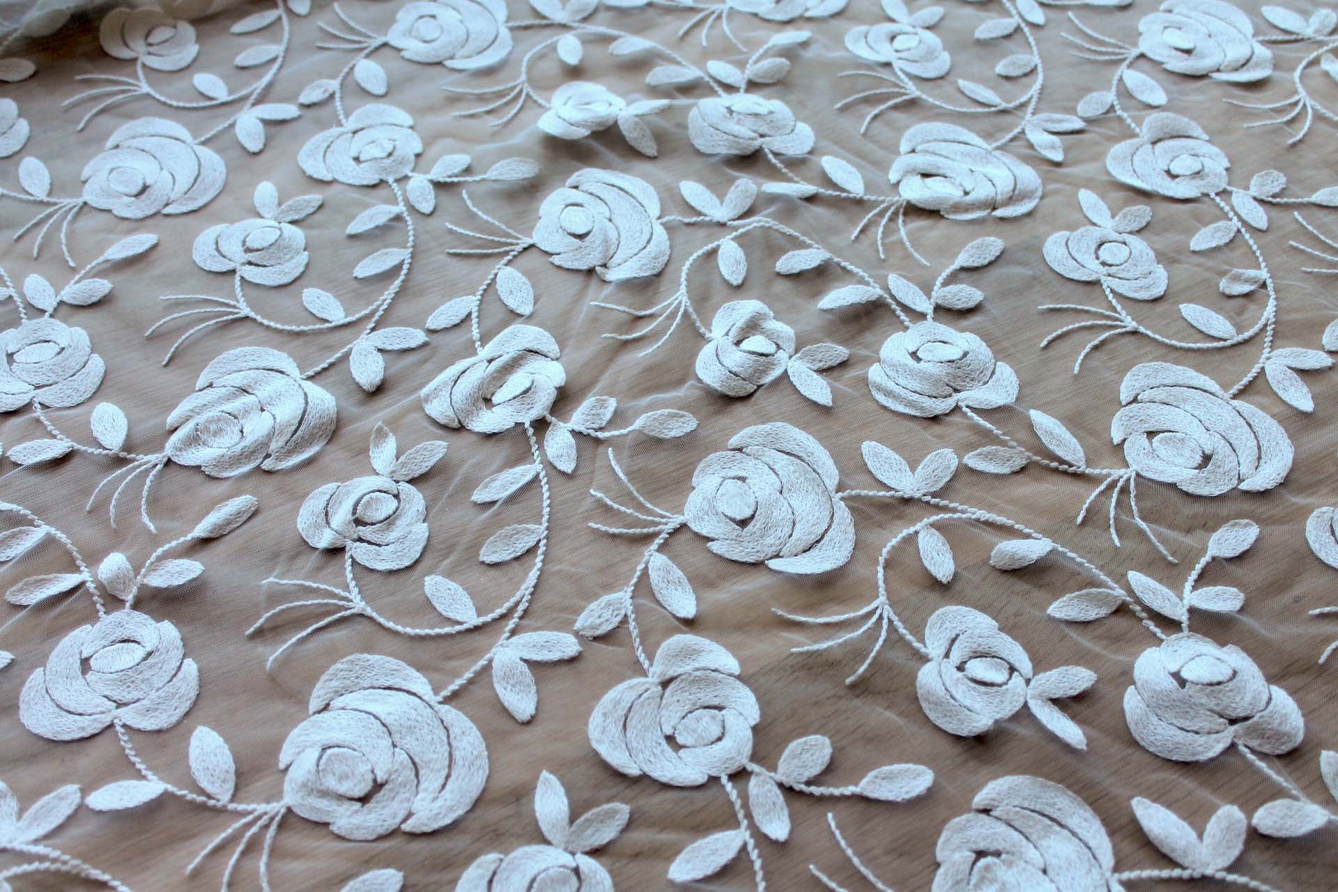 Floral embroidered Tulle - Ivory fabric, image 2 of 7