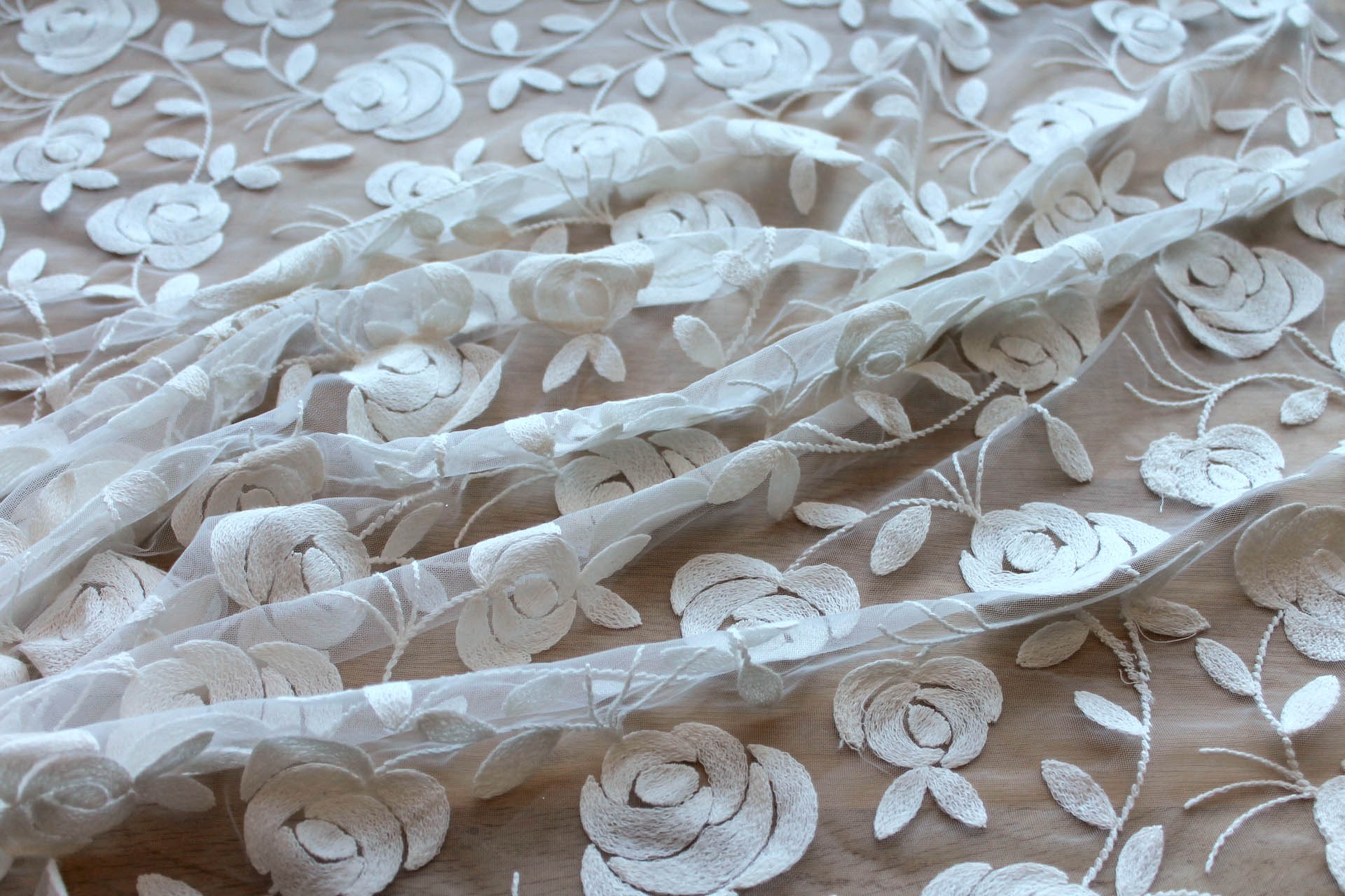 Floral embroidered Tulle - Ivory fabric, image 3 of 7