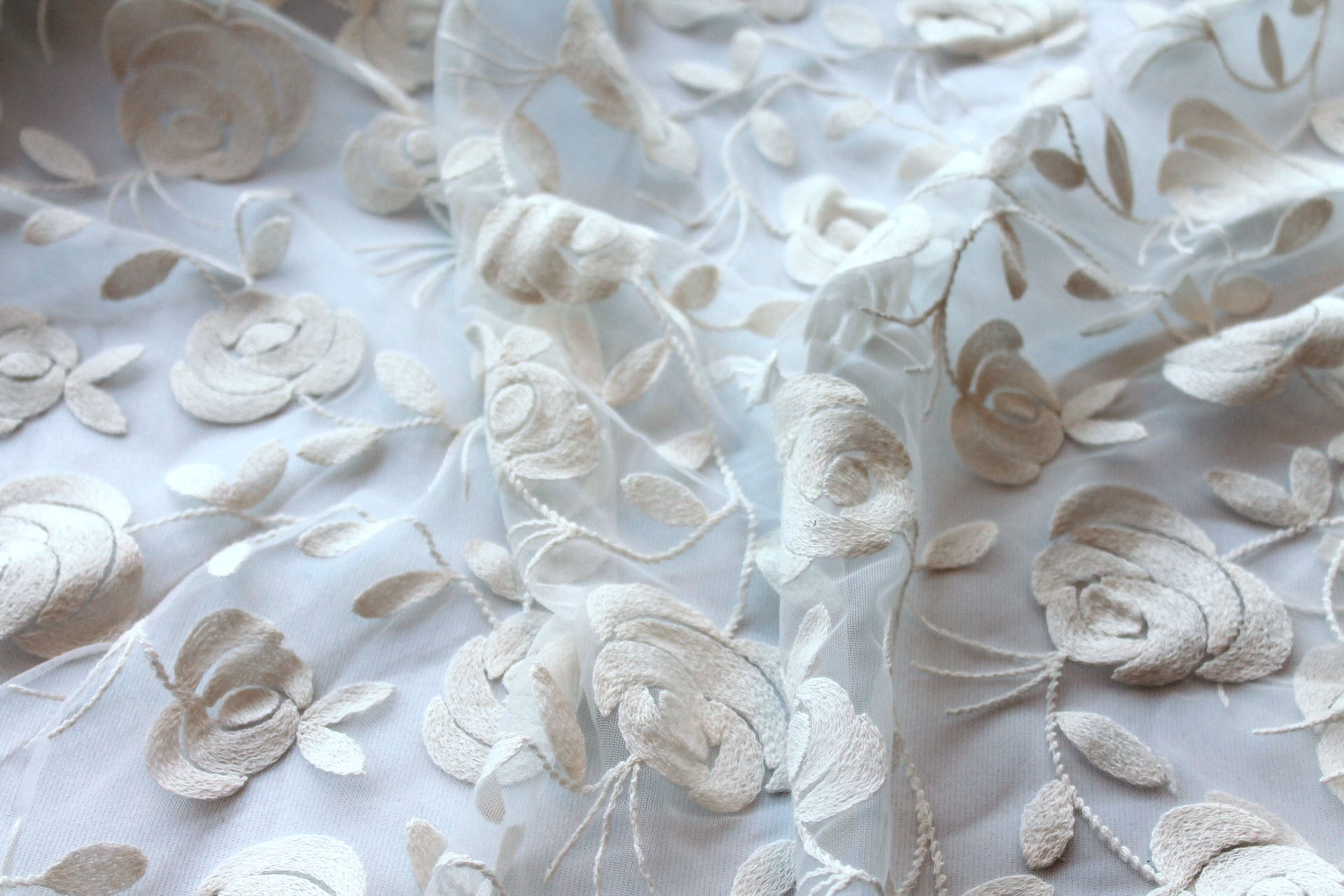 Floral embroidered Tulle - Ivory fabric, image 6 of 7