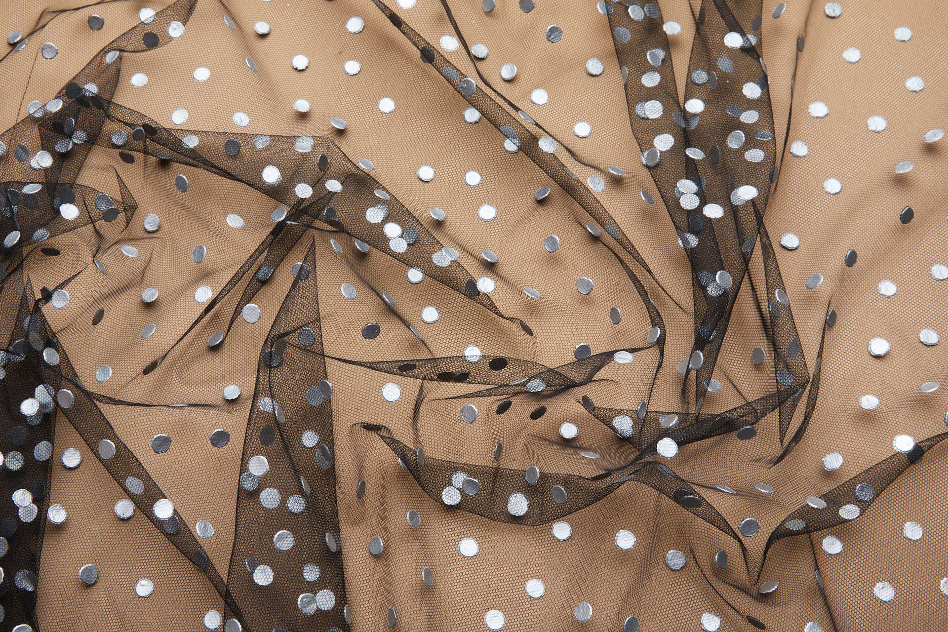 Printed Silver Polka Dots on Black Illusion Tulle fabric, image 2 of 9