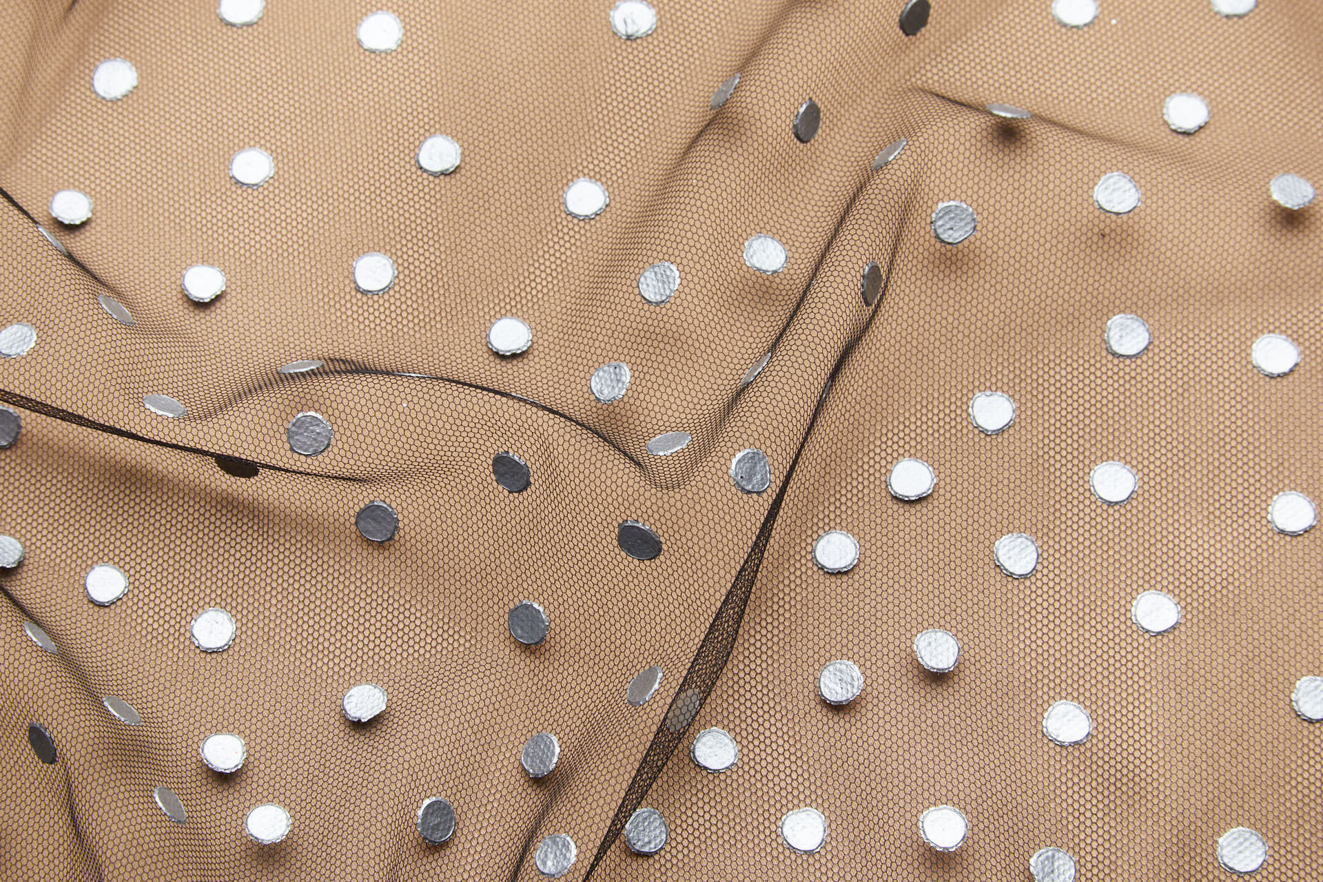 Printed Silver Polka Dots on Black Illusion Tulle fabric, image 8 of 9