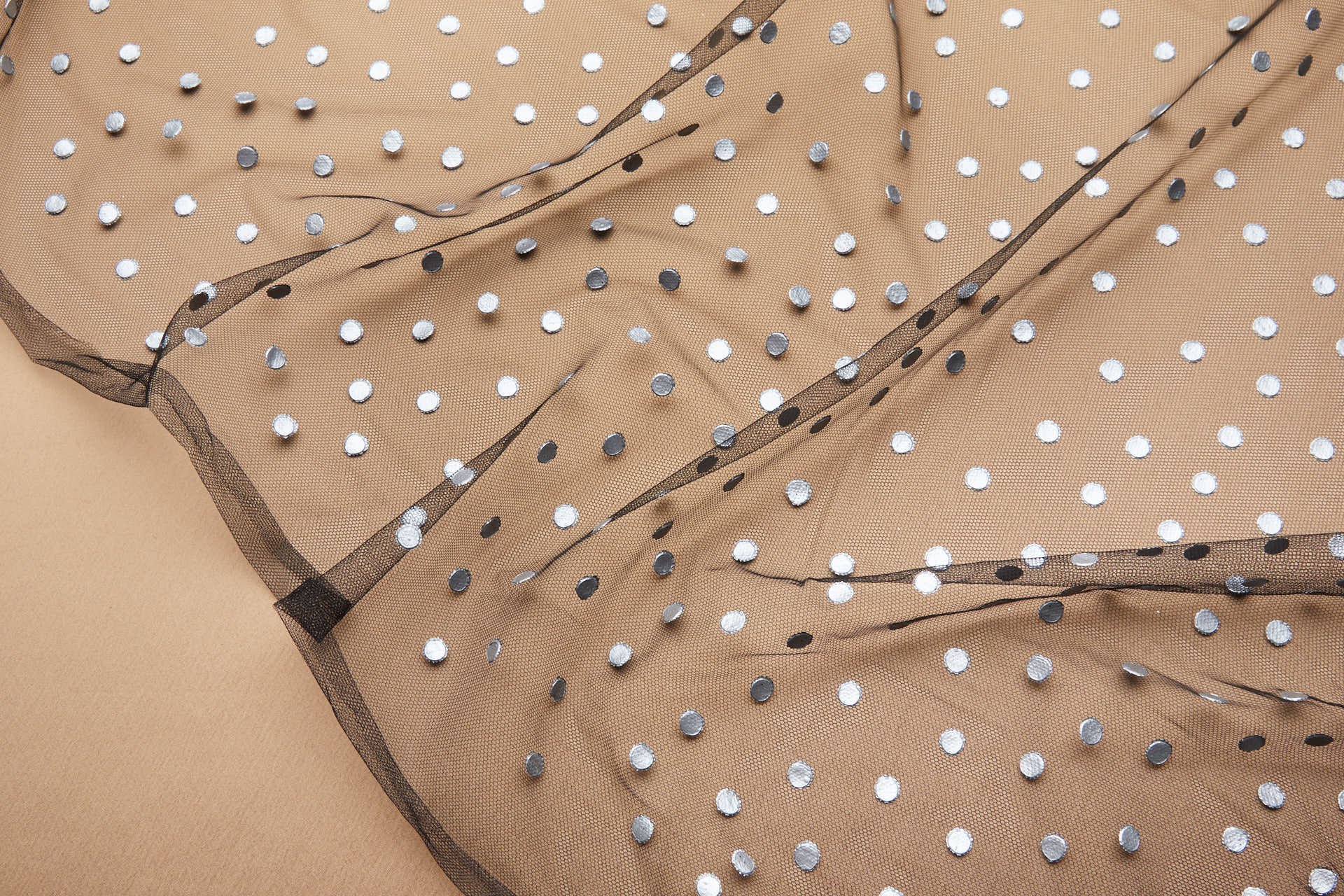 Printed Silver Polka Dots on Black Illusion Tulle fabric, image 5 of 9
