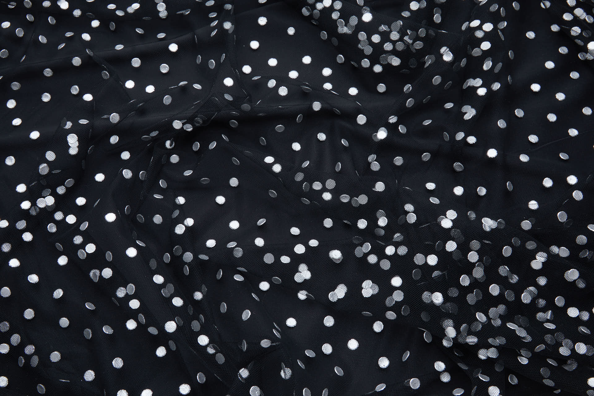 Printed Silver Polka Dots on Black Illusion Tulle fabric, image 3 of 9