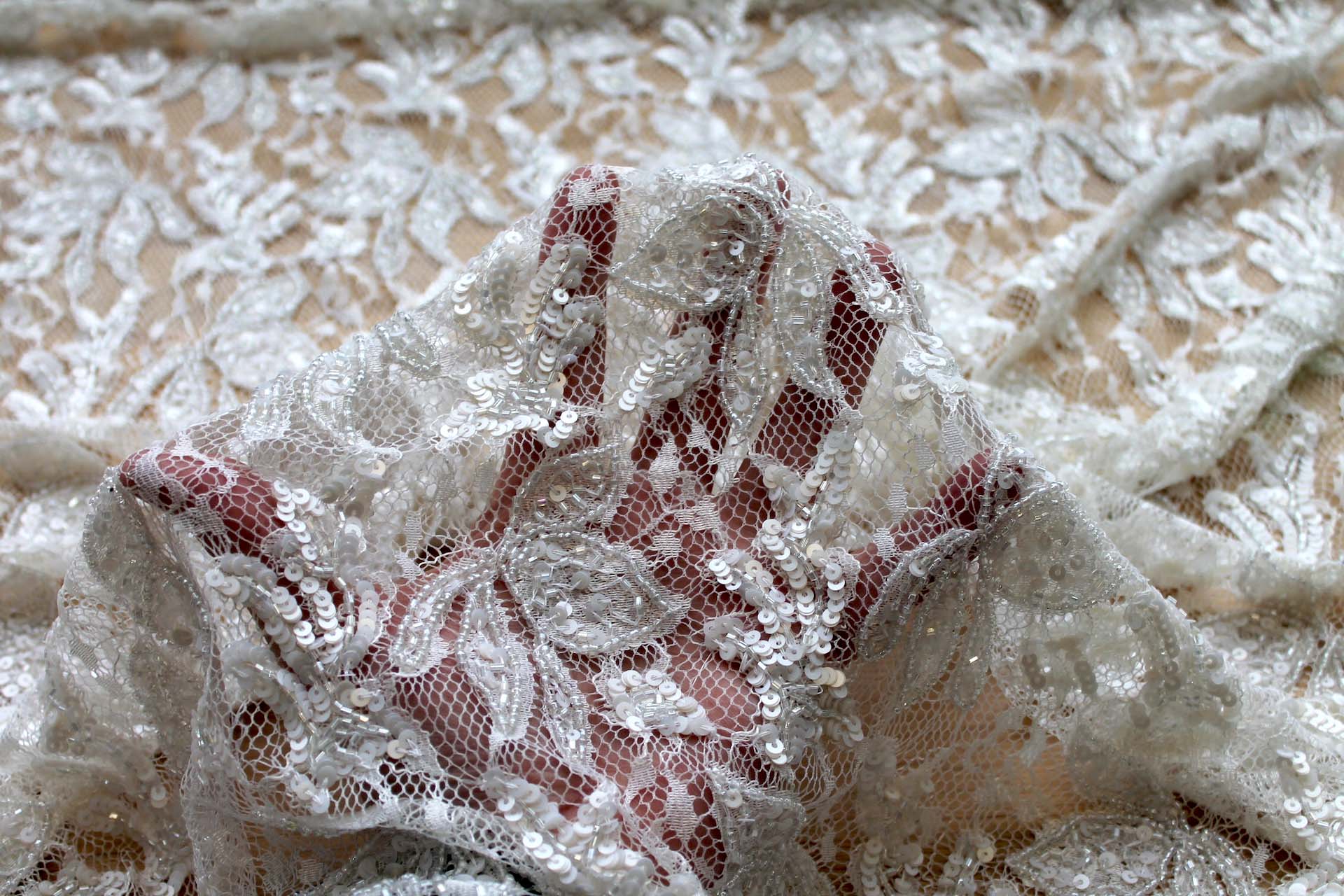 Beaded and Sequinned Lace in Ivory fabric, image 3 of 8