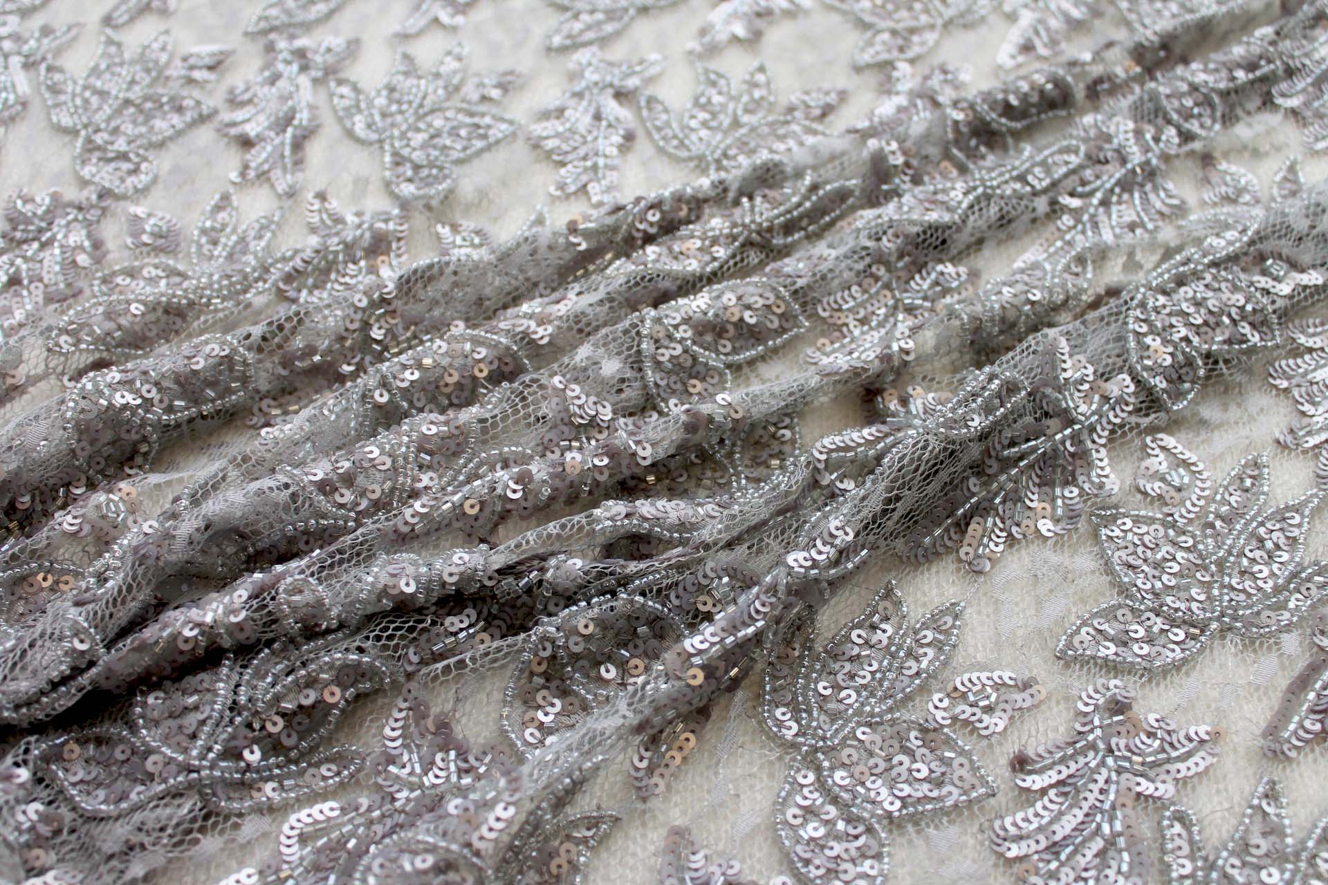 Beaded and Sequinned Lace in Silver fabric