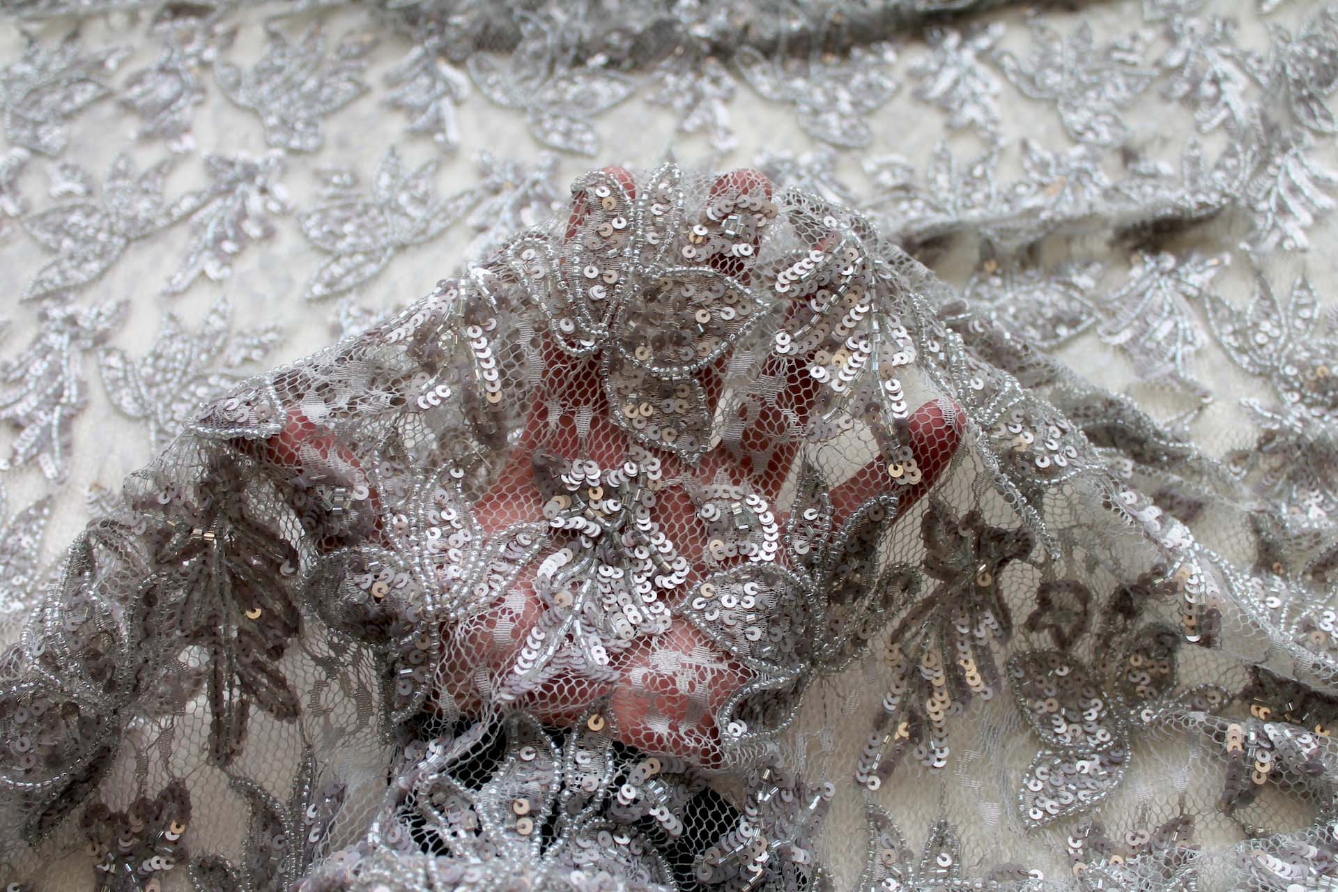 Beaded and Sequinned Lace in Silver fabric, image 2 of 9