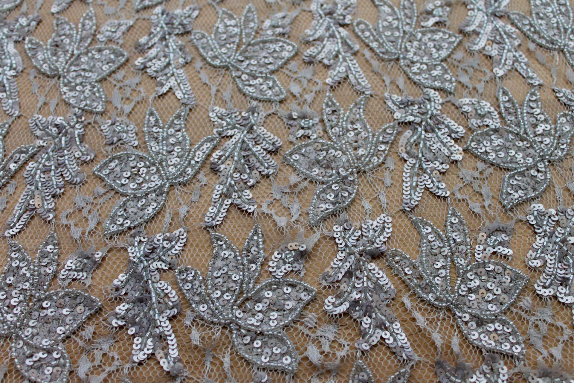 Beaded and Sequinned Lace in Silver fabric, image 6 of 9