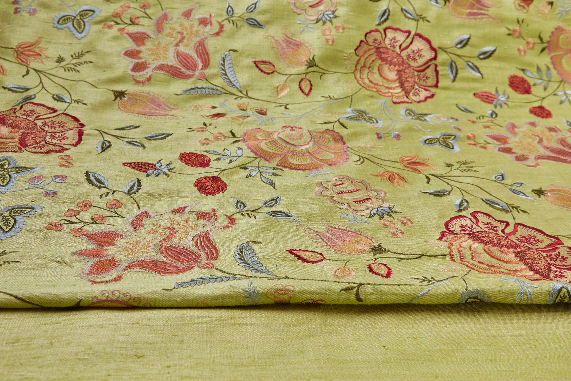 Lime Textured Raw Silk with Floral Embroidery fabric, image 10 of 11
