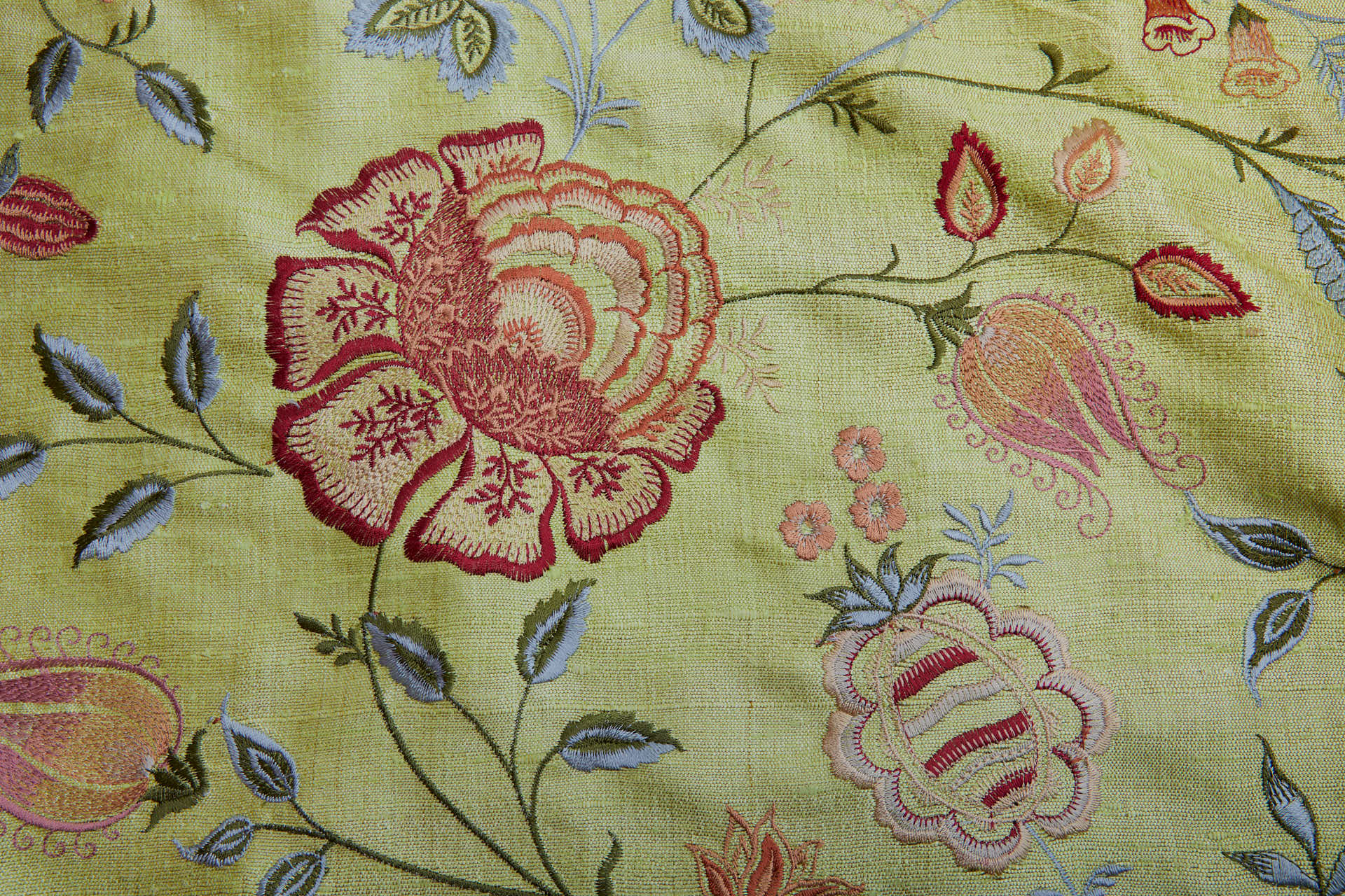 Lime Textured Raw Silk with Floral Embroidery fabric, image 9 of 11