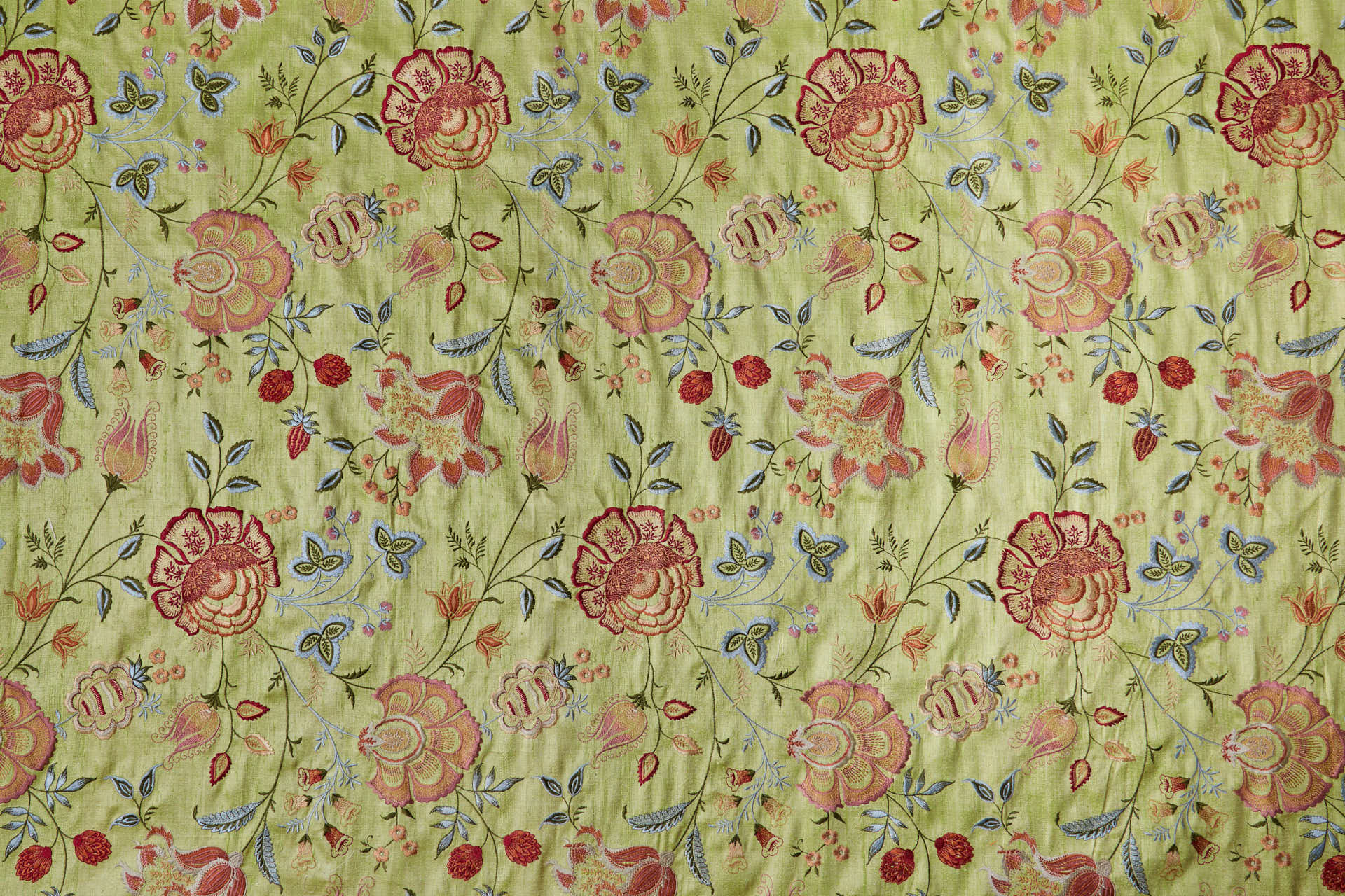 Lime Textured Raw Silk with Floral Embroidery fabric, image 2 of 11