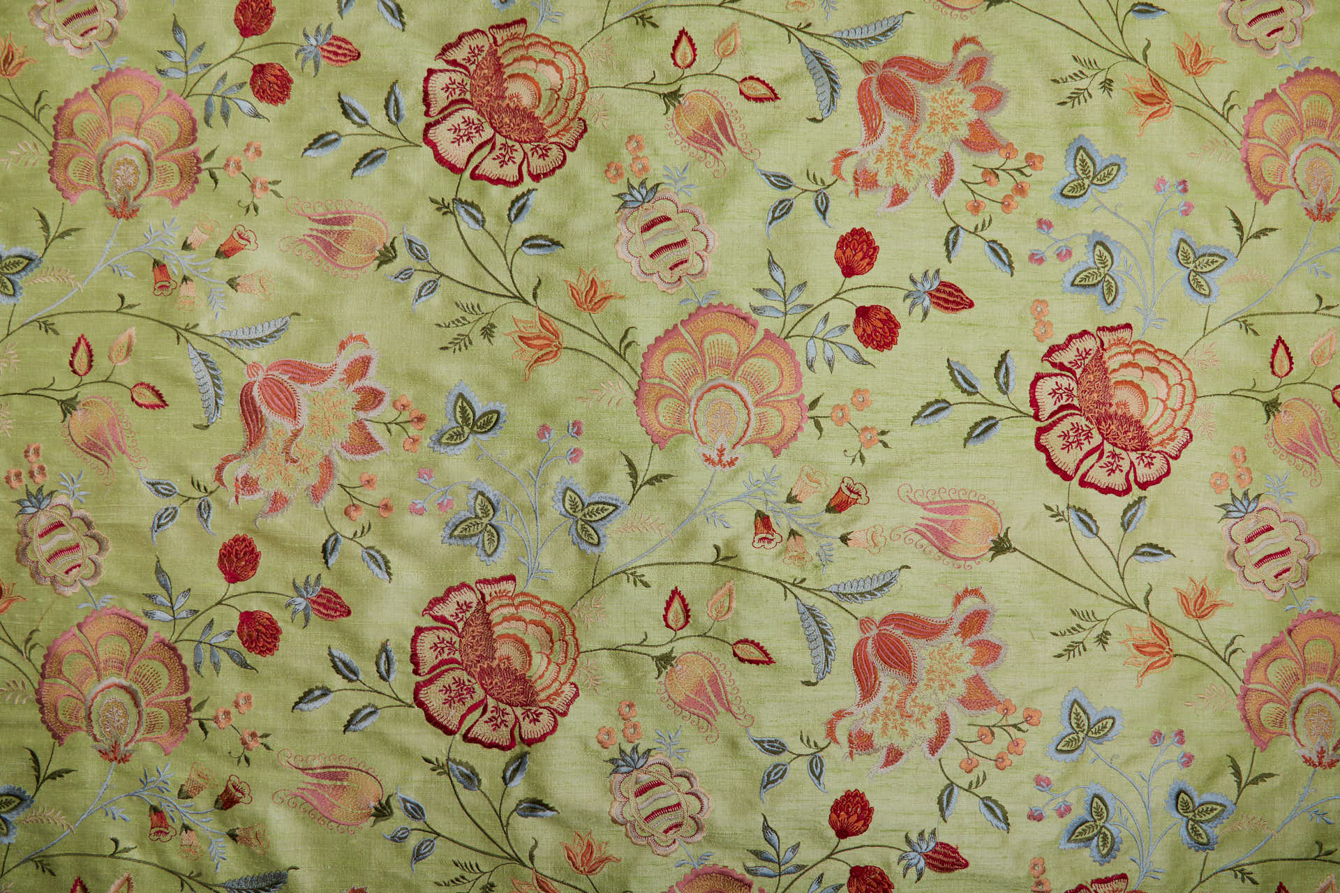 Lime Textured Raw Silk with Floral Embroidery fabric, image 3 of 11