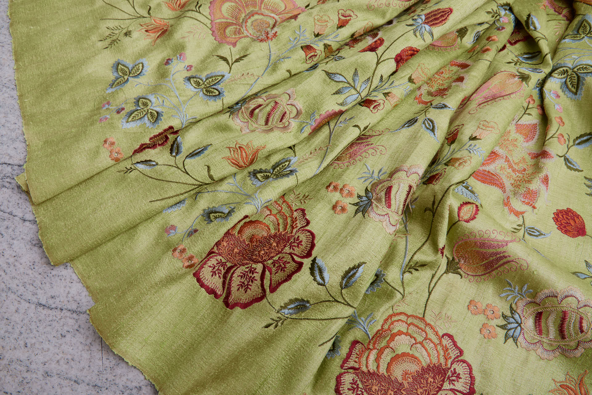 Lime Textured Raw Silk with Floral Embroidery fabric, image 4 of 11