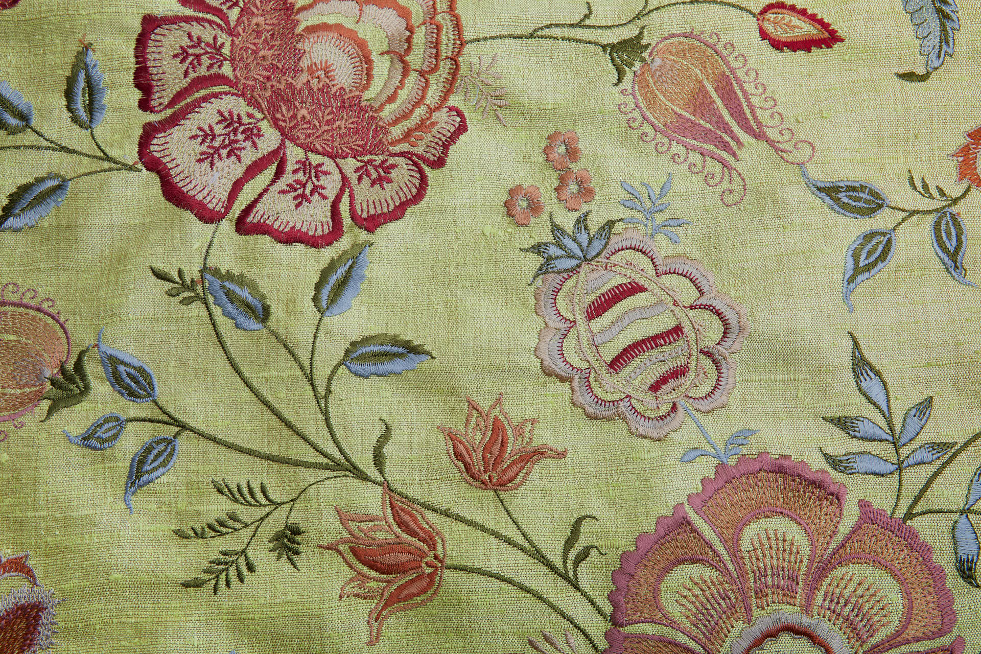 Lime Textured Raw Silk with Floral Embroidery fabric, image 5 of 11