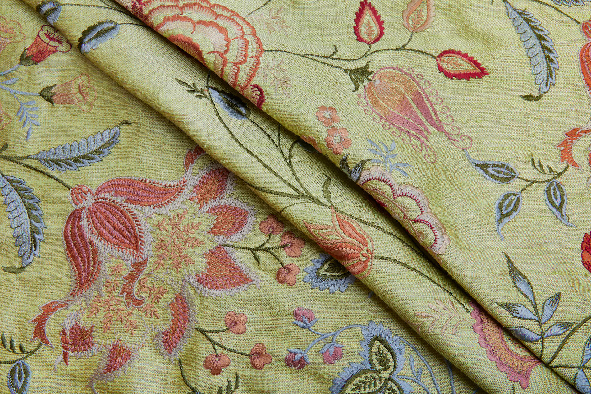 Lime Textured Raw Silk with Floral Embroidery fabric, image 7 of 11