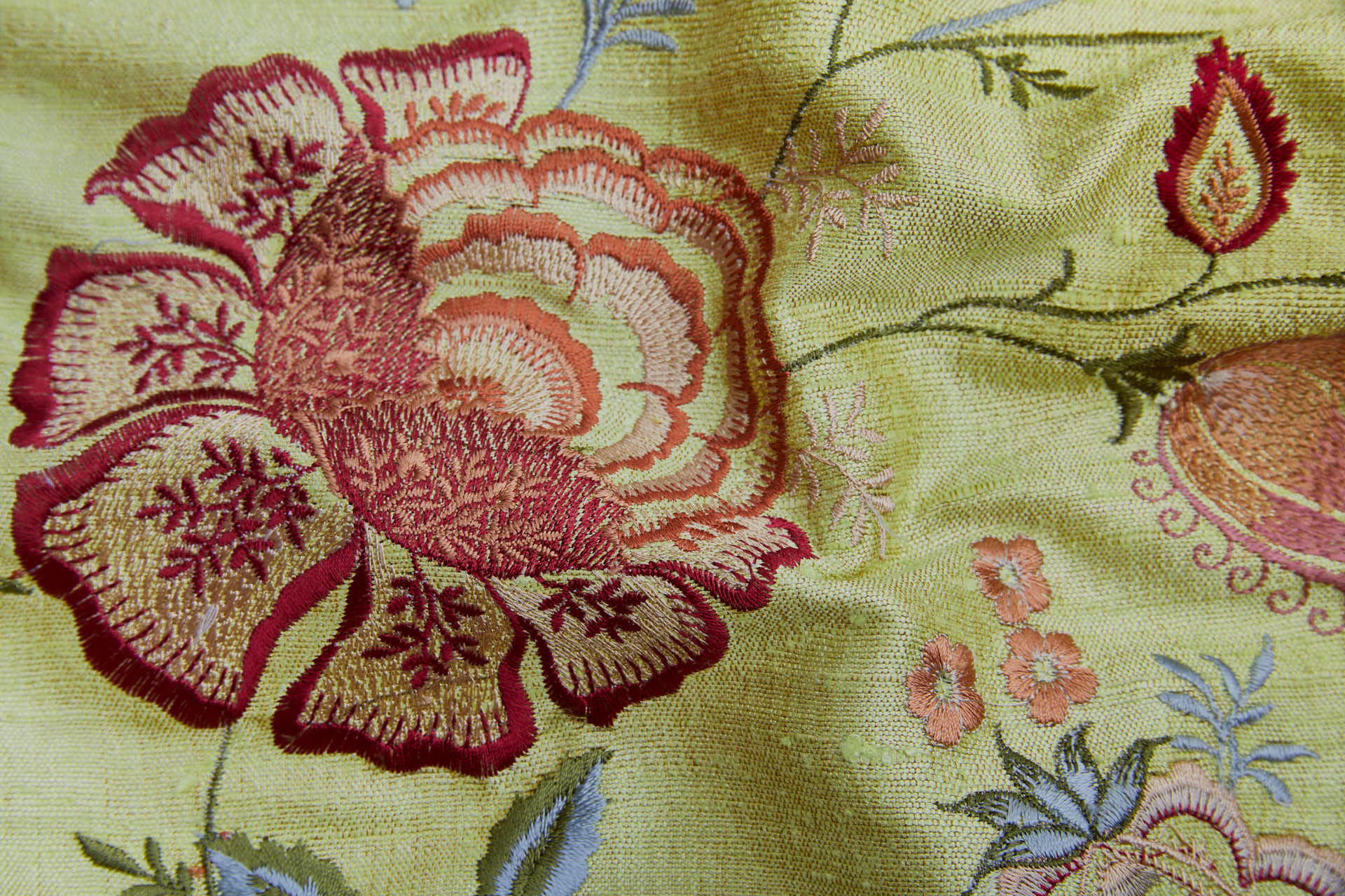 Lime Textured Raw Silk with Floral Embroidery fabric, image 8 of 11