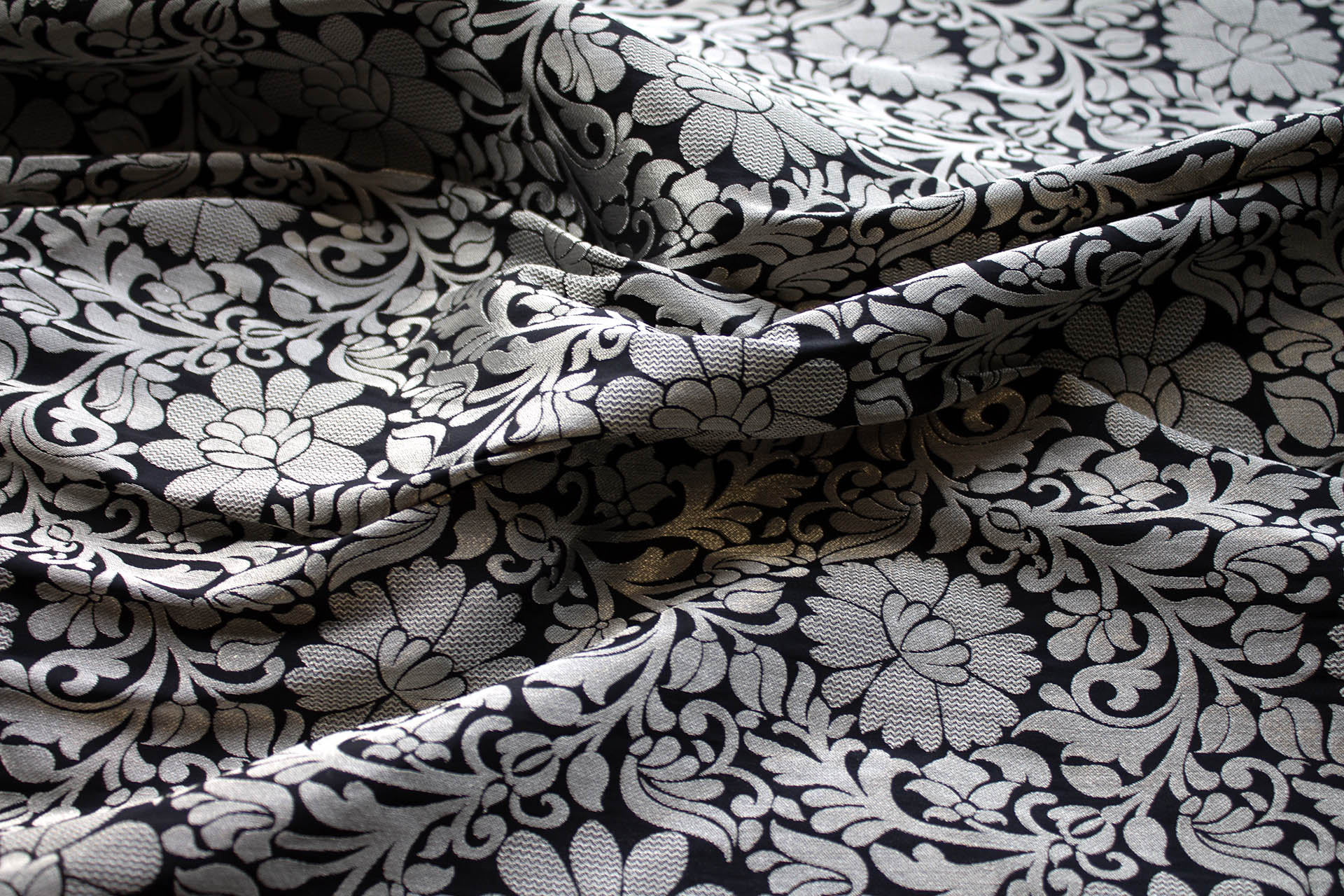 Black and Silver Metallic Floral Brocade fabric, image 2 of 7