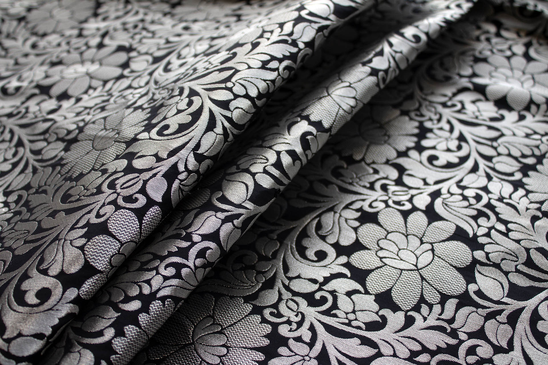 Black and Silver Metallic Floral Brocade fabric