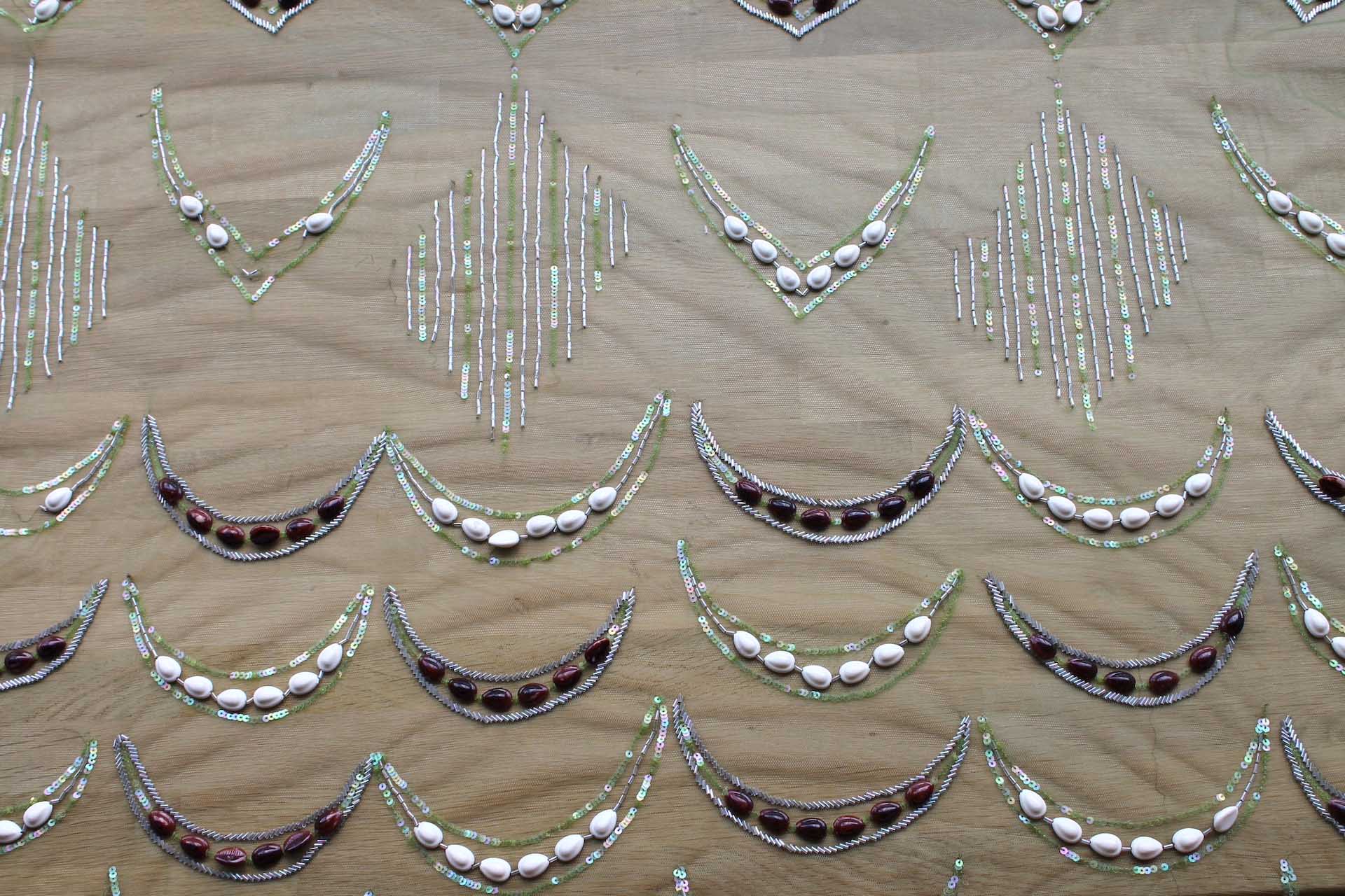 Green Tulle with Beads, Sequins and White and Brown Shells fabric, image 2 of 6