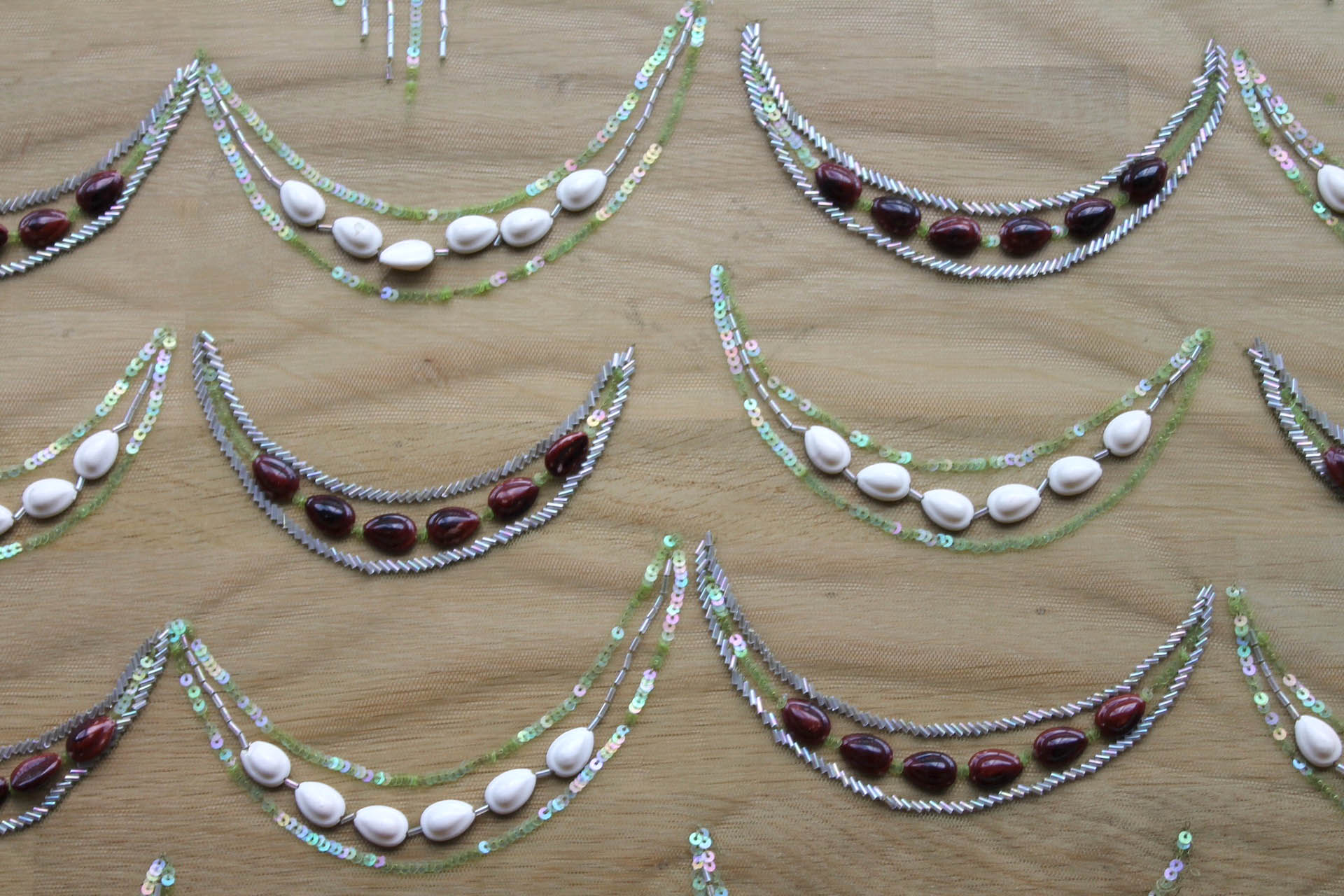 Green Tulle with Beads, Sequins and White and Brown Shells fabric, image 3 of 6