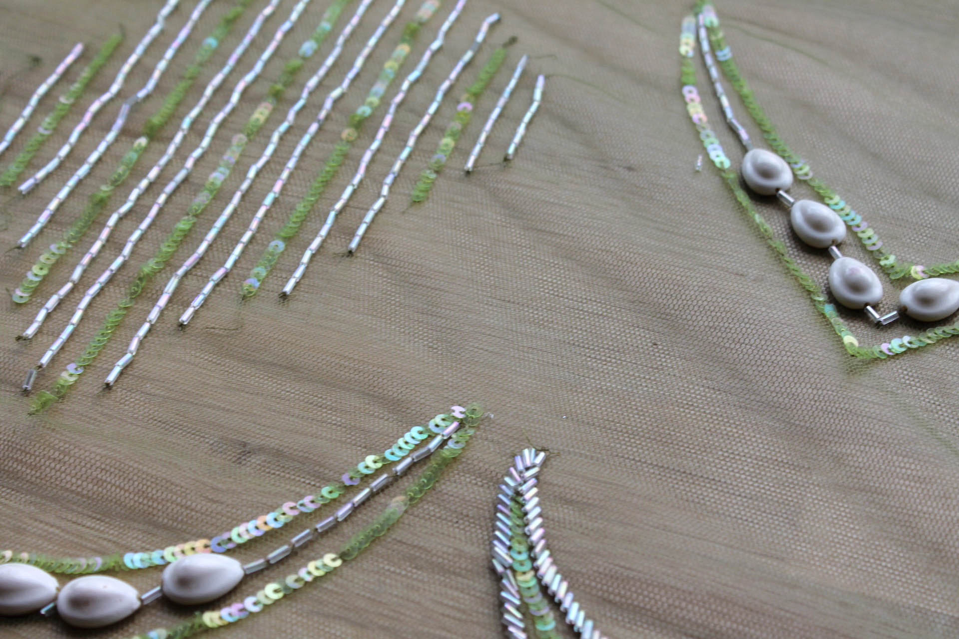 Green Tulle with Beads, Sequins and White and Brown Shells fabric, image 4 of 6