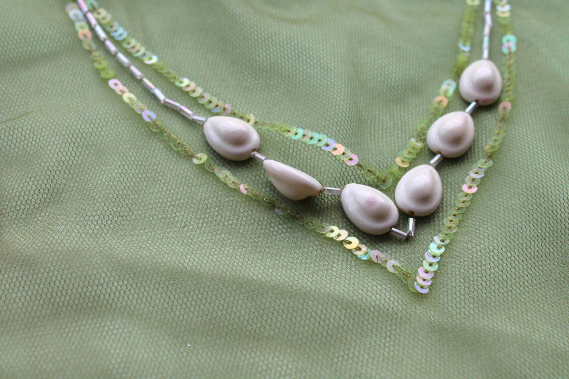 Green Tulle with Beads, Sequins and White and Brown Shells fabric, image 5 of 6