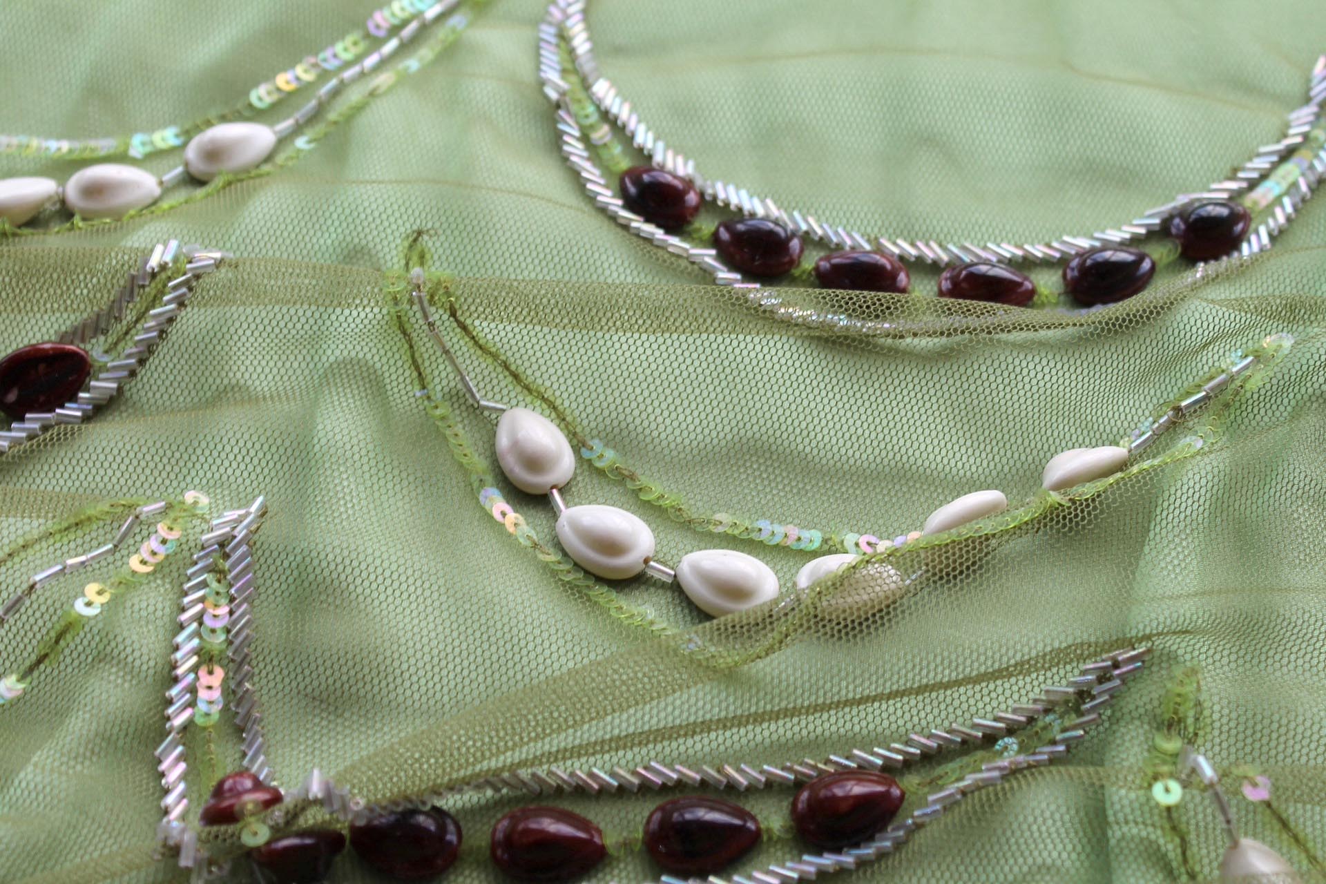 Green Tulle with Beads, Sequins and White and Brown Shells fabric, image 6 of 6