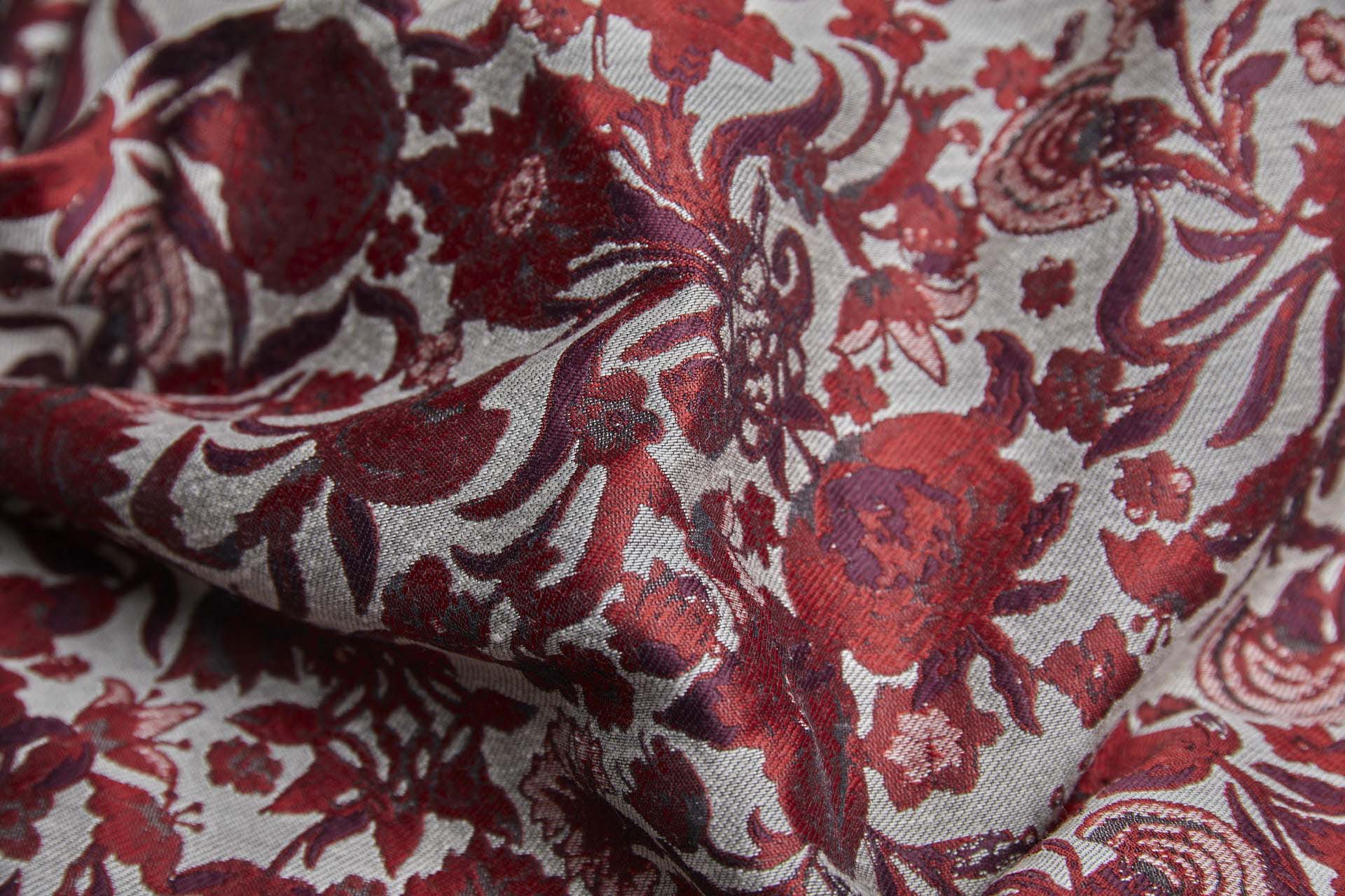 Thicker Tapestry Style Floral Brocade - Red, Pink and Burgundy on Ivory fabric, image 3 of 9