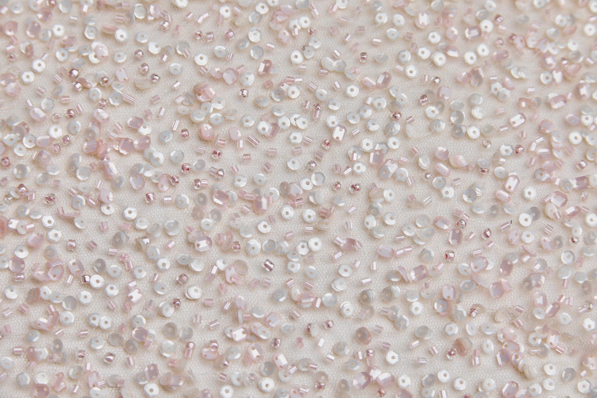 Pink and Ivory Sequins and Pink Beads on Tulle fabric, image 5 of 7