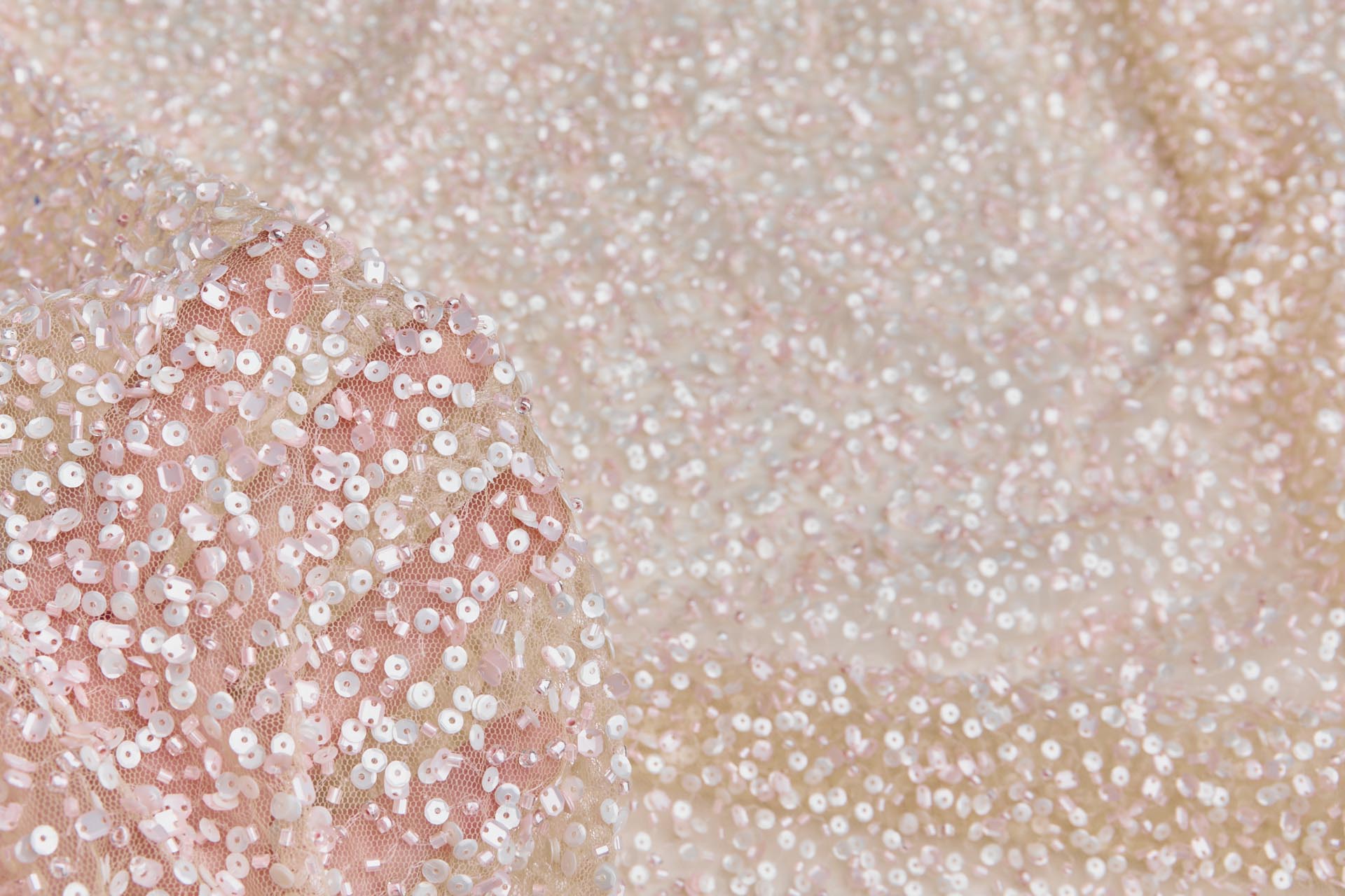 Pink and Ivory Sequins and Pink Beads on Tulle fabric