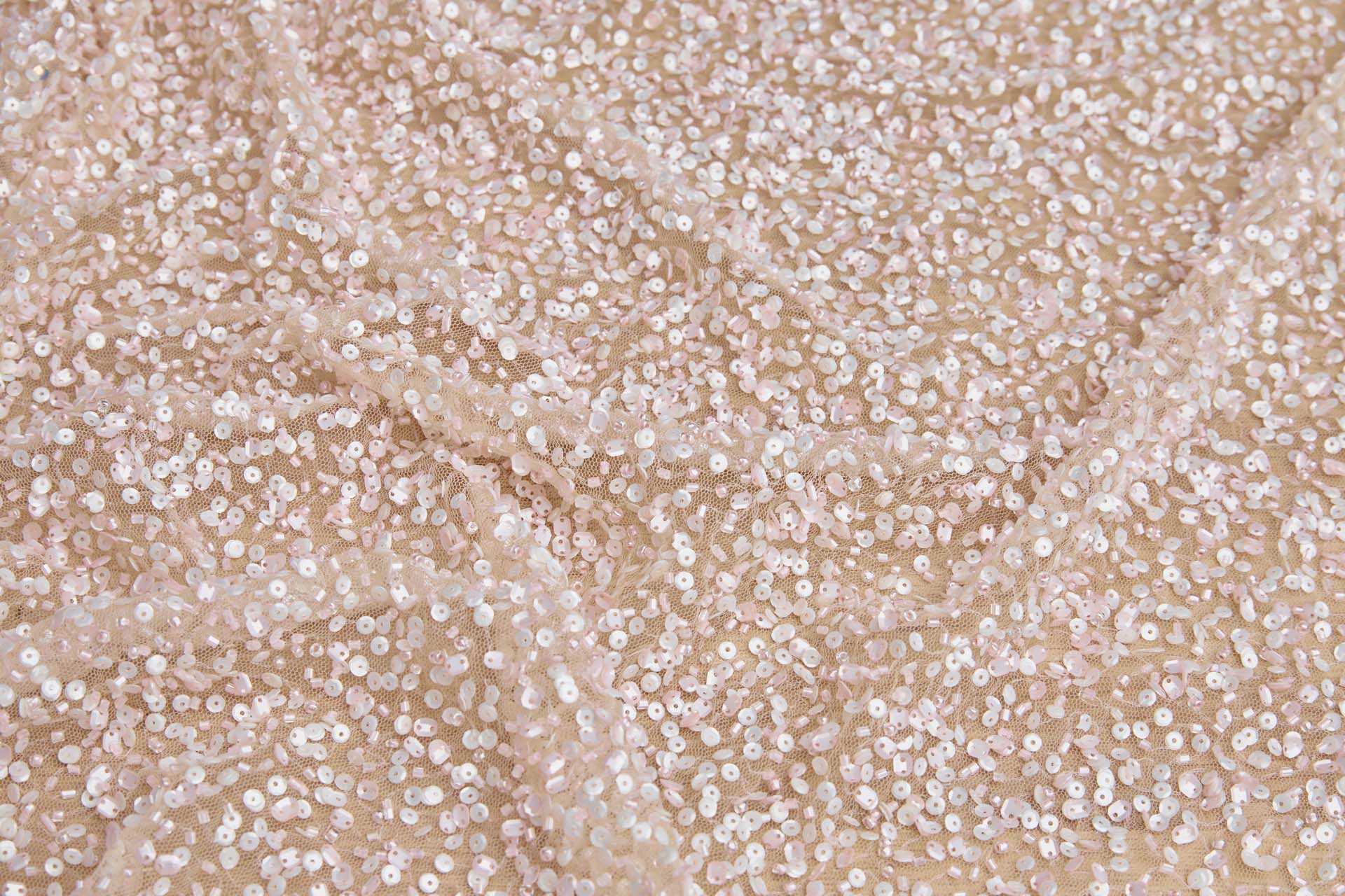 Pink and Ivory Sequins and Pink Beads on Tulle fabric, image 2 of 7