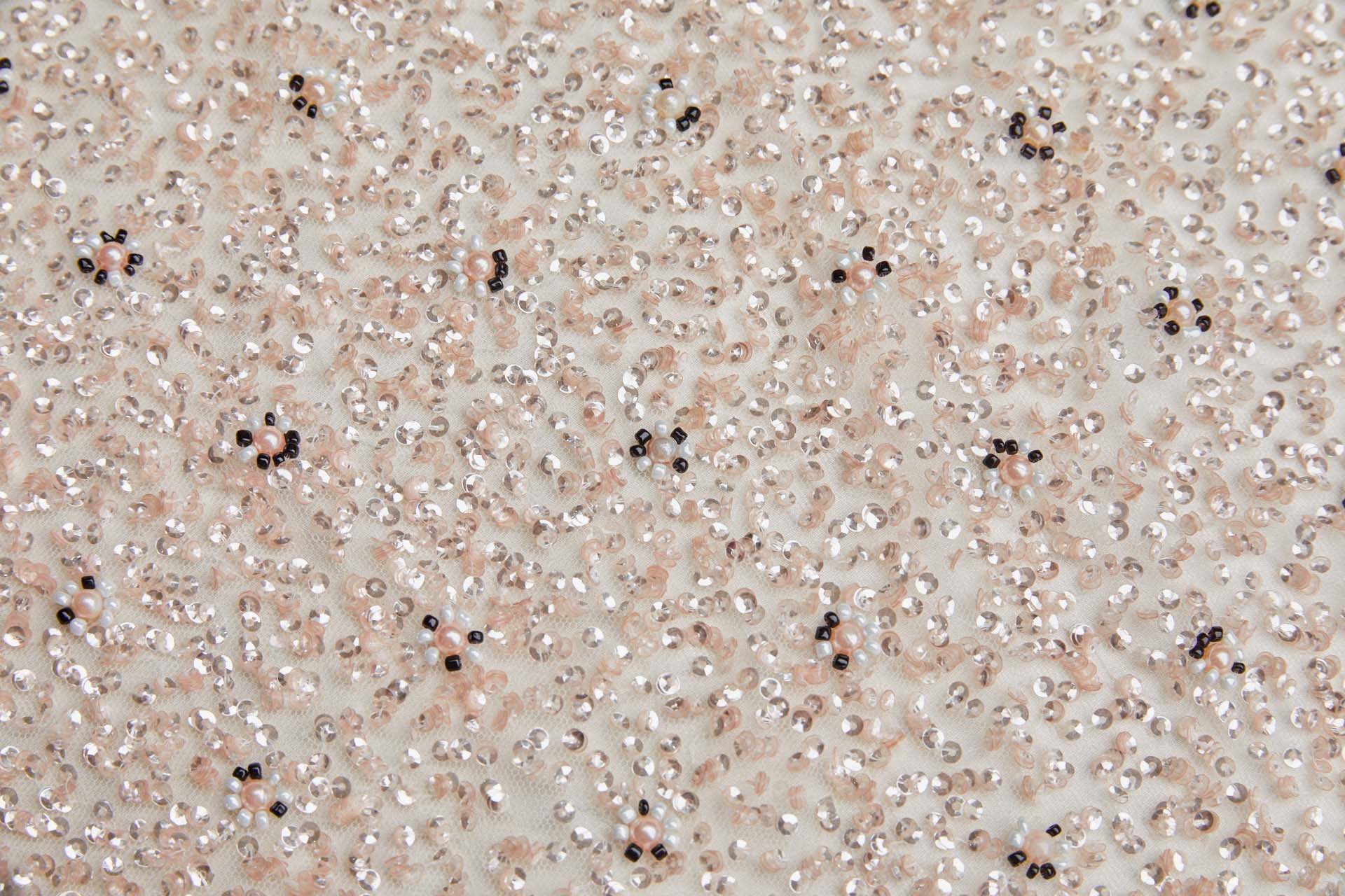 Beaded Nylon Tulle - Blush Pink and Black with Pink Pearls fabric
