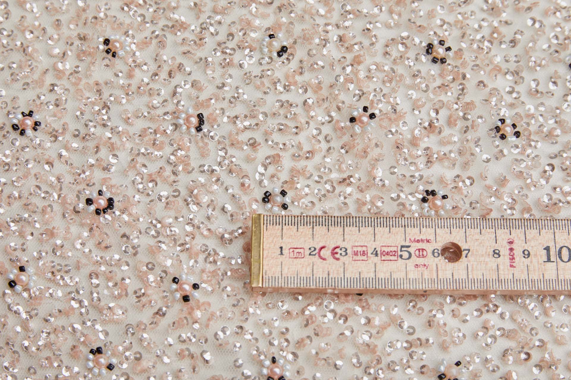 Beaded Nylon Tulle - Blush Pink and Black with Pink Pearls fabric, image 2 of 8