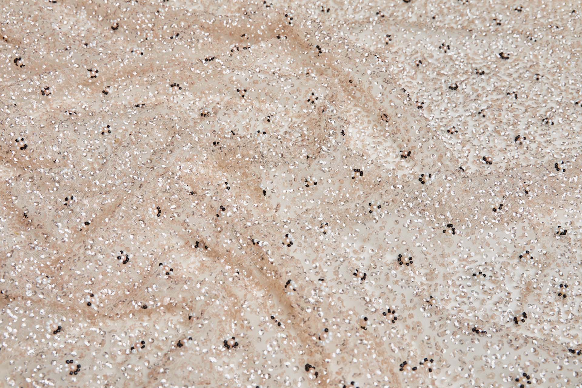 Beaded Nylon Tulle - Blush Pink and Black with Pink Pearls fabric, image 3 of 8