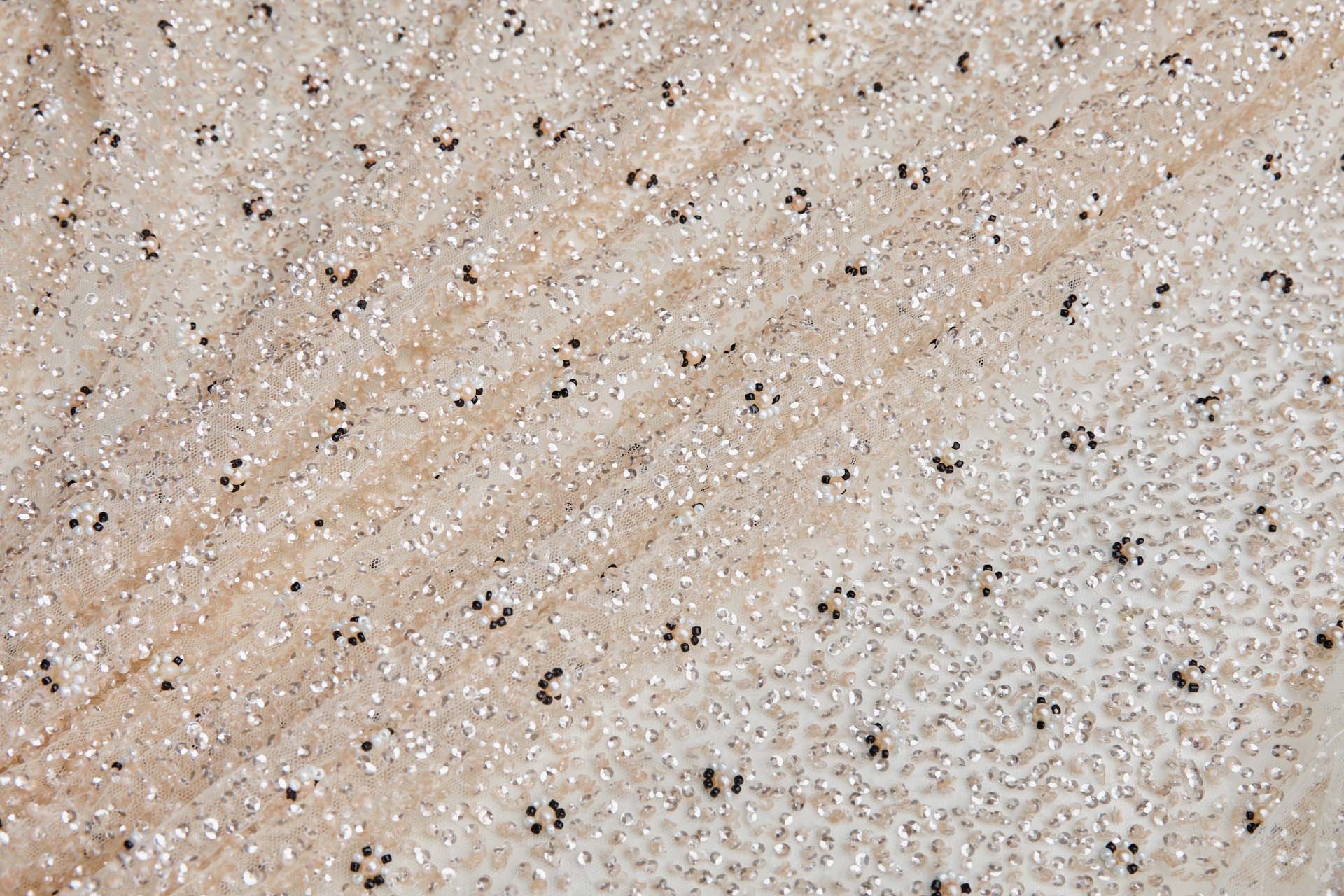 Beaded Nylon Tulle - Blush Pink and Black with Pink Pearls fabric, image 4 of 8