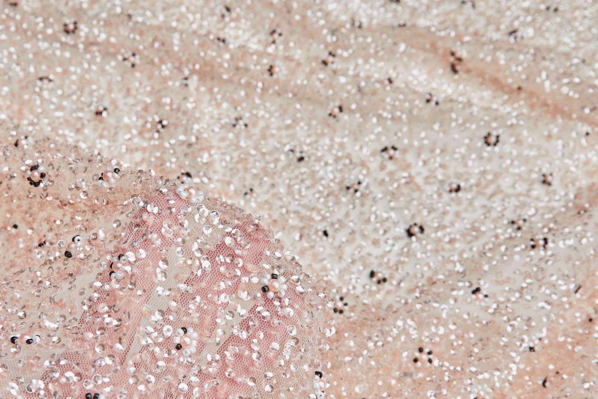 Beaded Nylon Tulle - Blush Pink and Black with Pink Pearls fabric, image 5 of 8