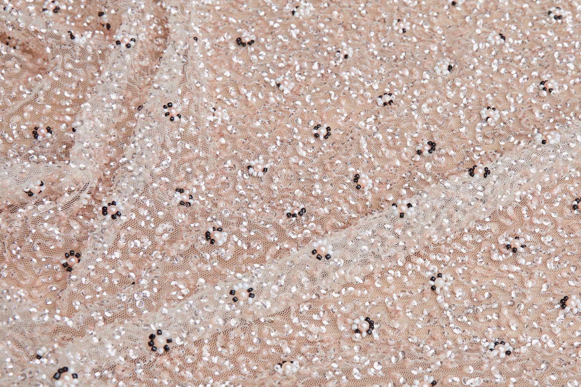 Beaded Nylon Tulle - Blush Pink and Black with Pink Pearls fabric, image 6 of 8