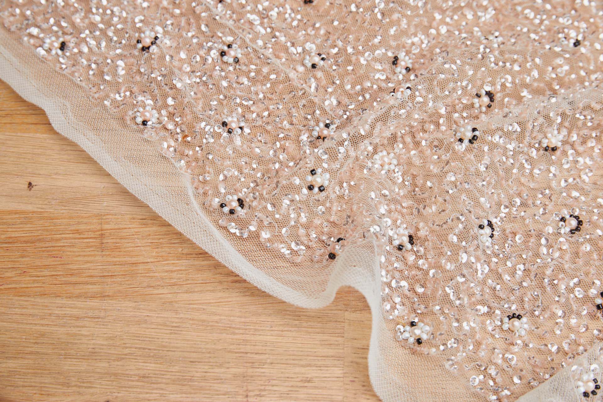 Beaded Nylon Tulle - Blush Pink and Black with Pink Pearls fabric, image 7 of 8
