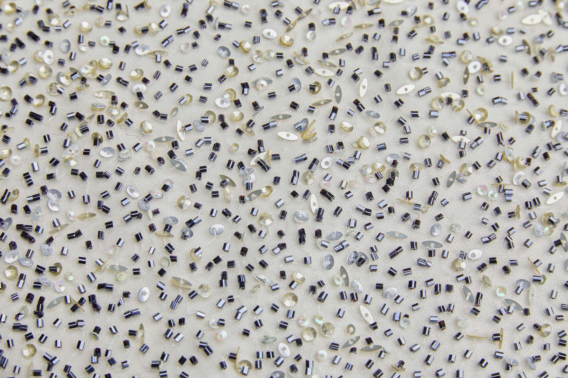 Beaded Nylon Tulle - Black Beads and Gold, Silver and Iridescent Sequins fabric