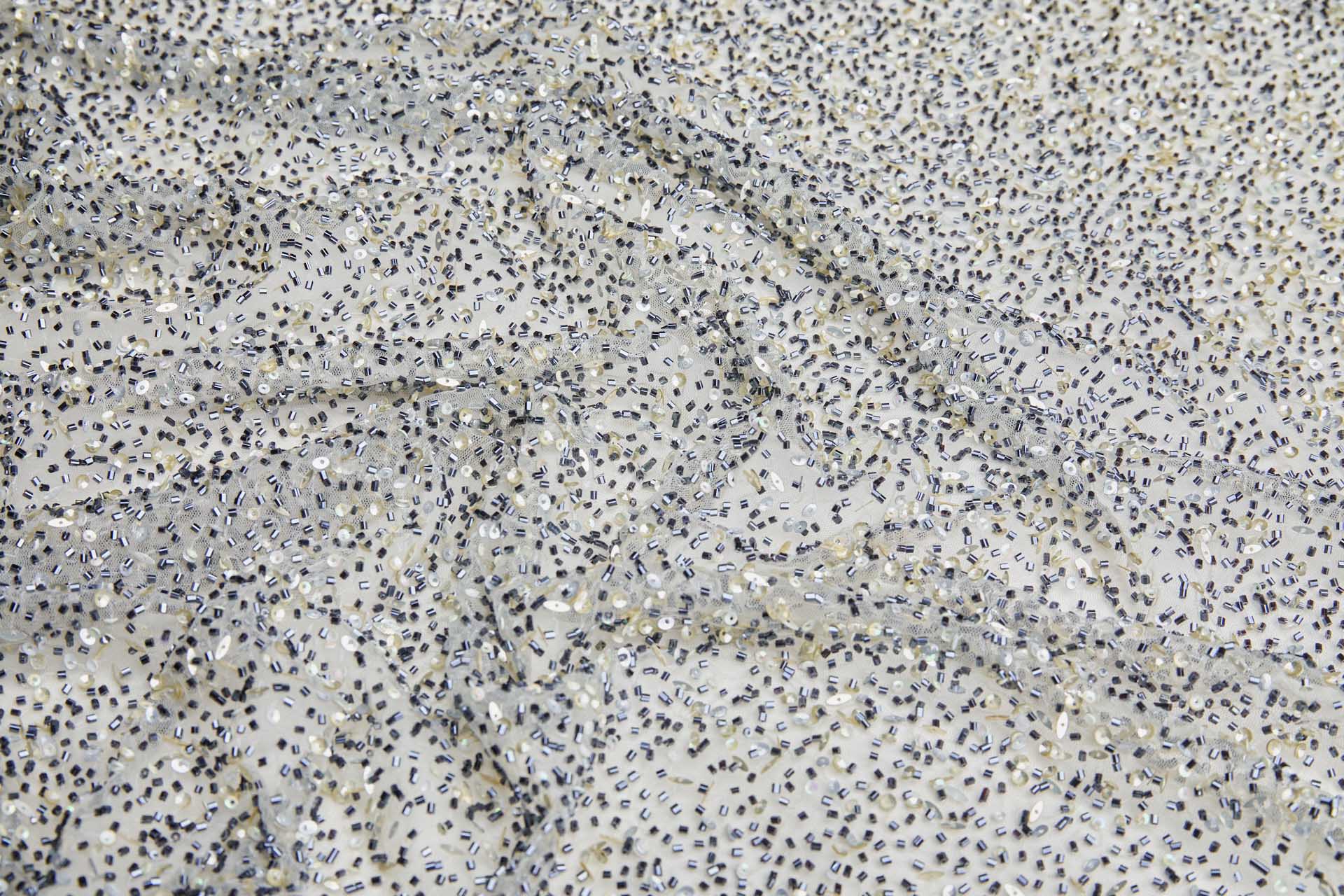Beaded Nylon Tulle - Black Beads and Gold, Silver and Iridescent Sequins fabric, image 2 of 9