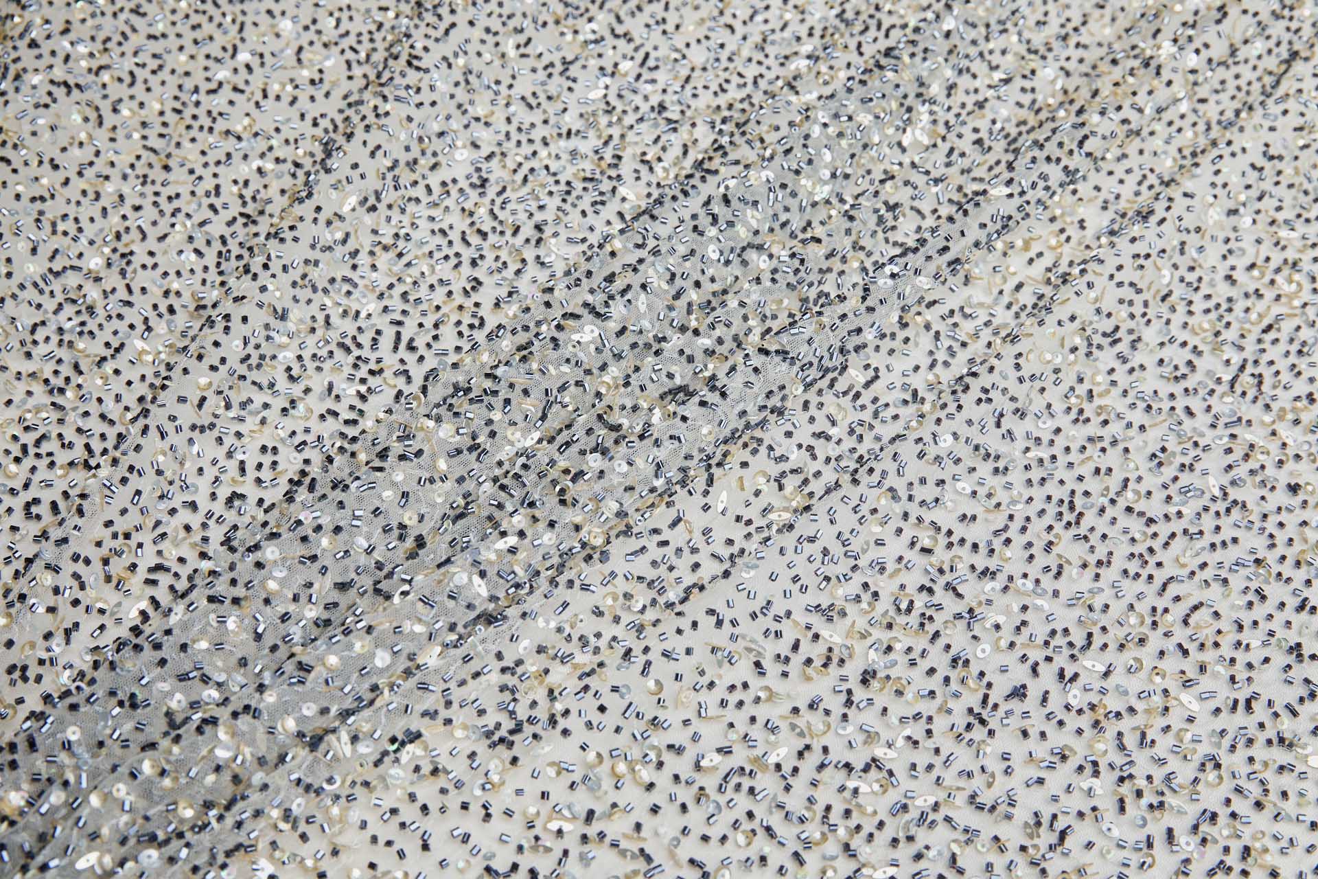 Beaded Nylon Tulle - Black Beads and Gold, Silver and Iridescent Sequins fabric, image 3 of 9