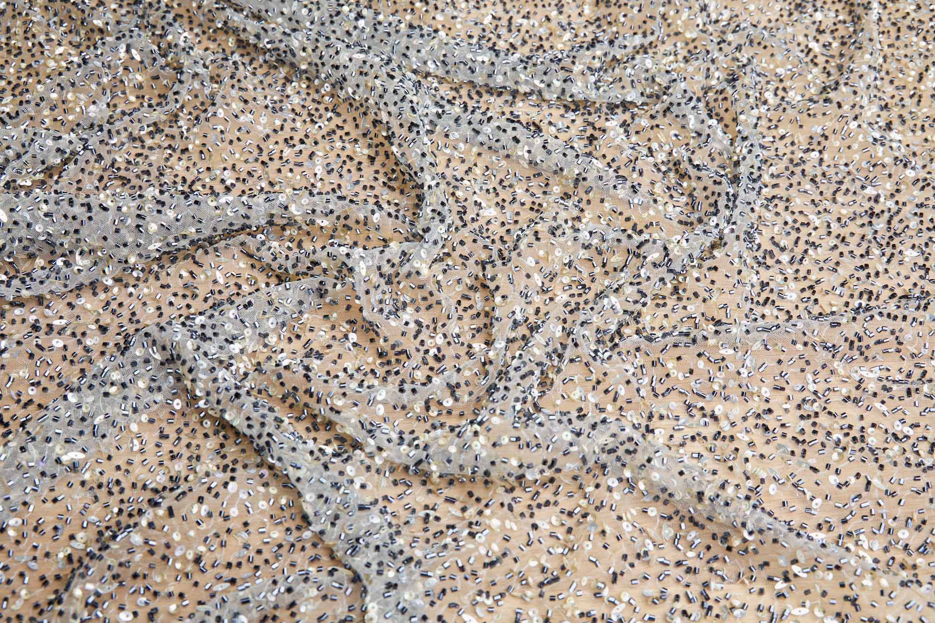 Beaded Nylon Tulle - Black Beads and Gold, Silver and Iridescent Sequins fabric, image 6 of 9