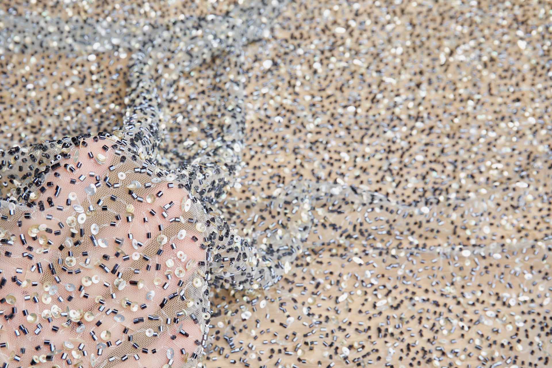 Beaded Nylon Tulle - Black Beads and Gold, Silver and Iridescent Sequins fabric, image 7 of 9