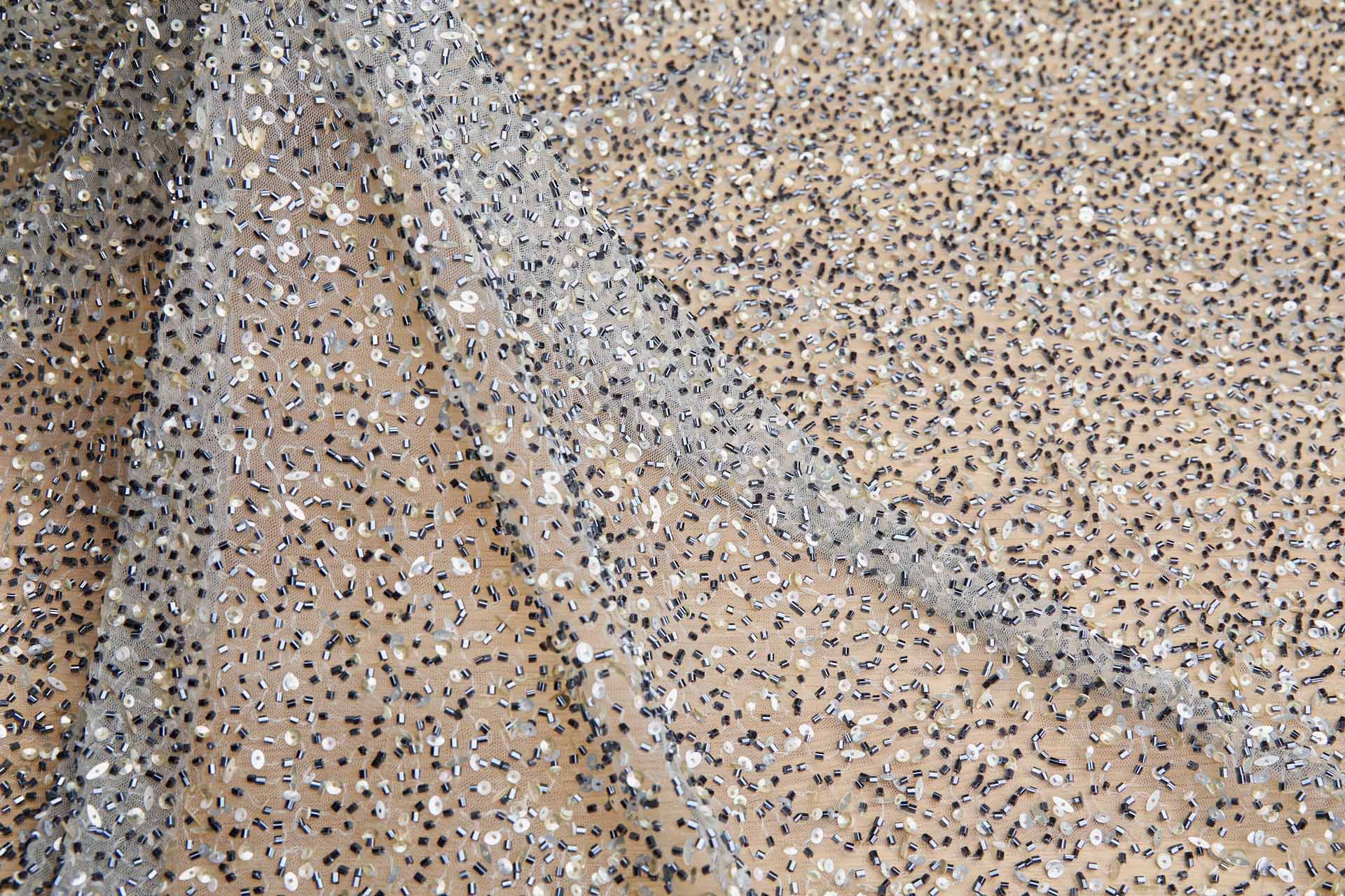 Beaded Nylon Tulle - Black Beads and Gold, Silver and Iridescent Sequins fabric, image 8 of 9