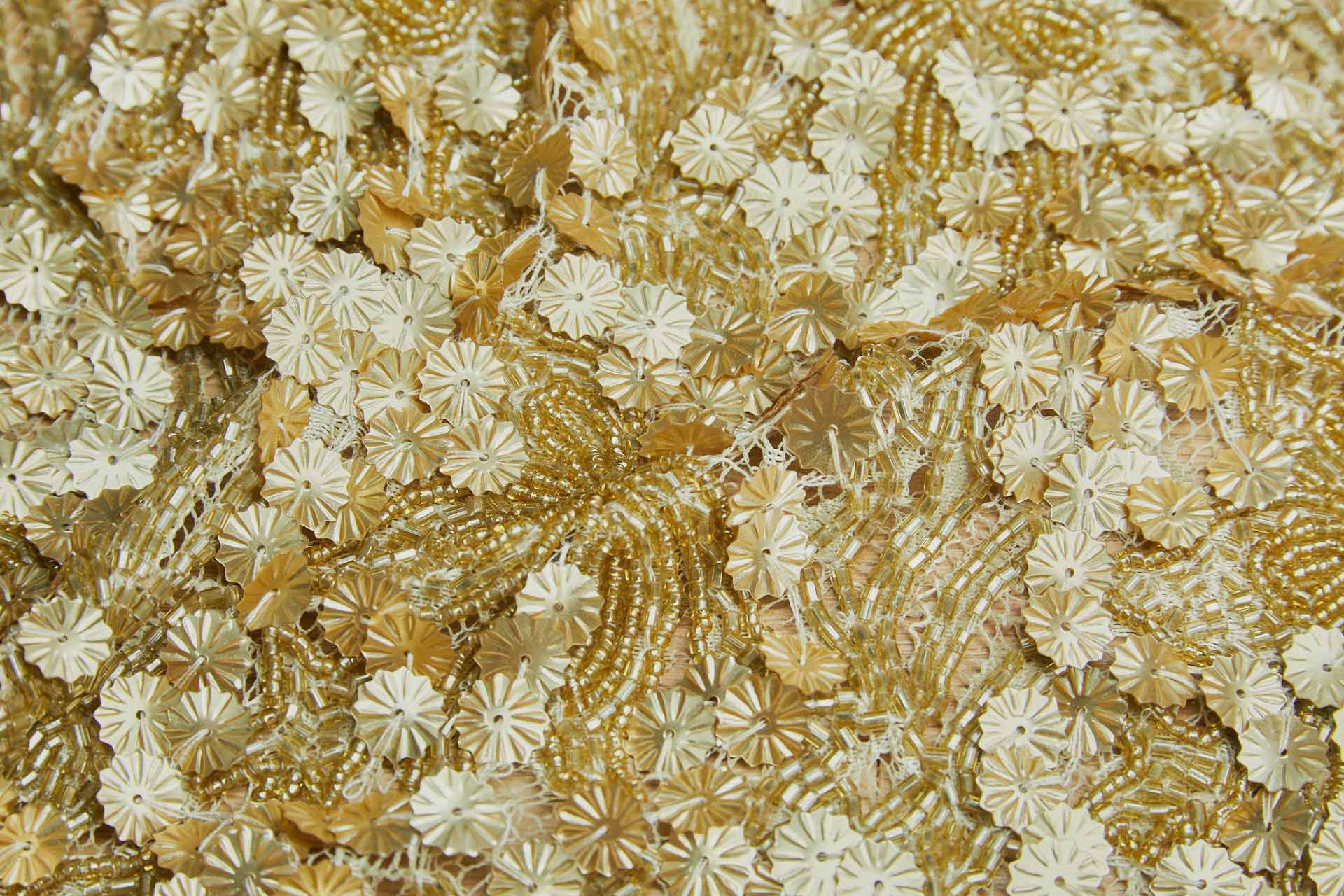Gold Flower Sequins and Gold Beads on Lace fabric, image 2 of 7