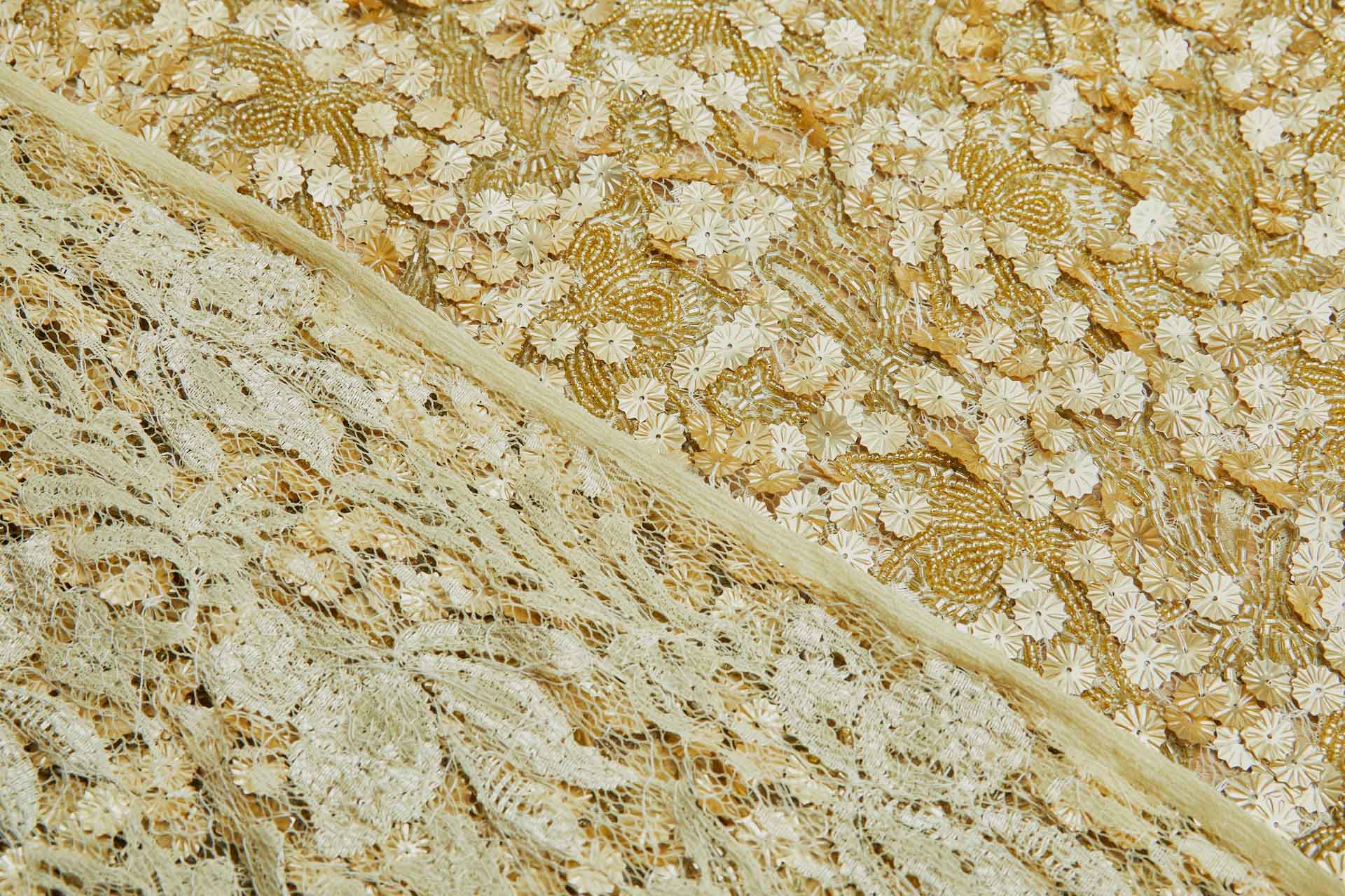 Gold Flower Sequins and Gold Beads on Lace fabric, image 5 of 7