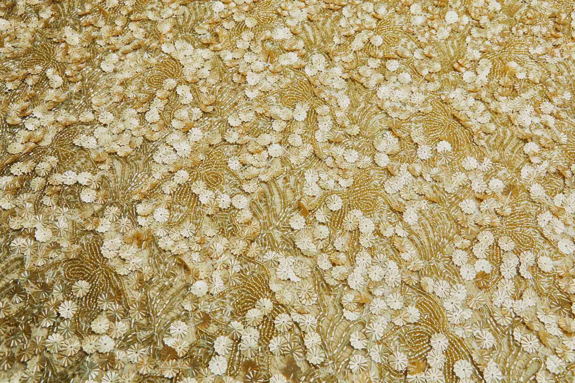 Gold Flower Sequins and Gold Beads on Lace fabric, image 6 of 7